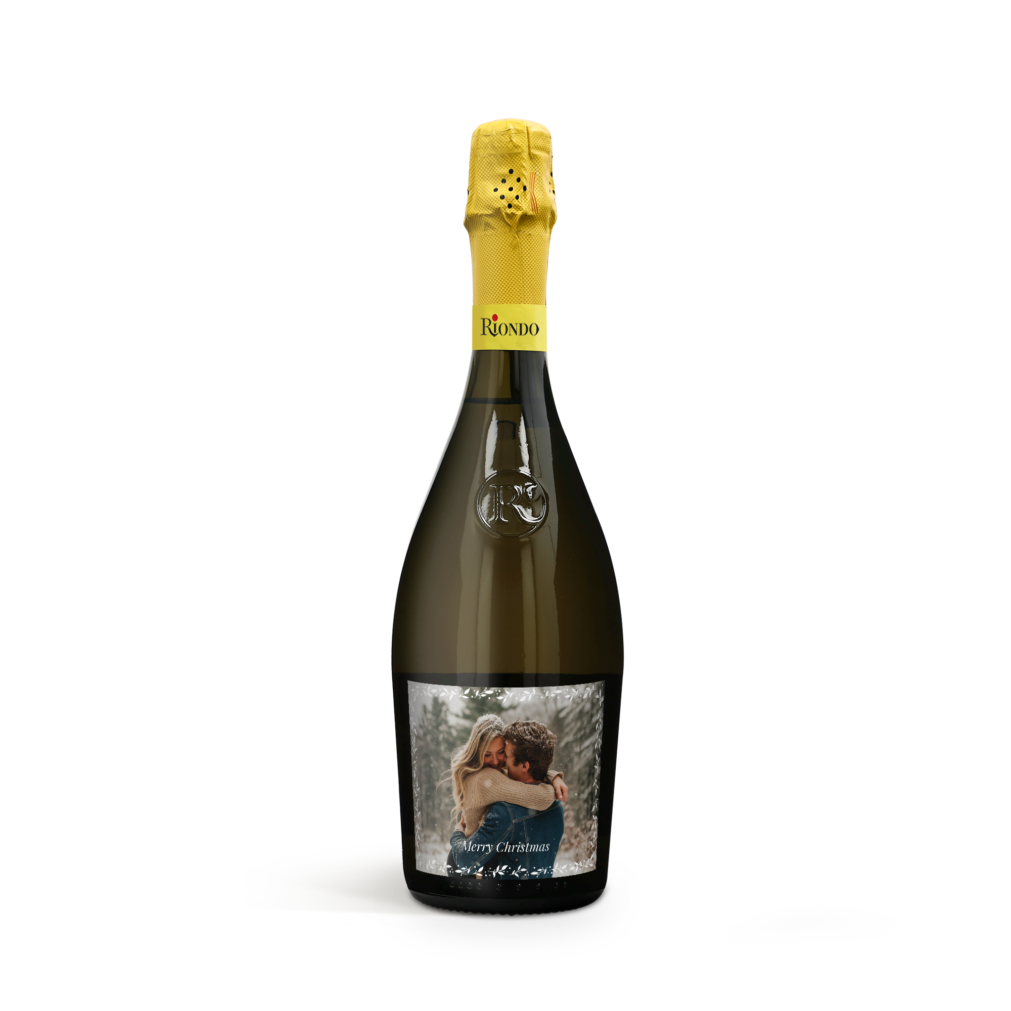 Fľaša Riondo Prosecco Spumante s vlastnou etiketou s fotografiou páru a textom "Merry Christmas"