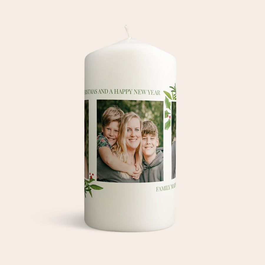 Candela con stampa Candela personalizzata con foto di famiglia, decorazione natalizia e scritta stampata
