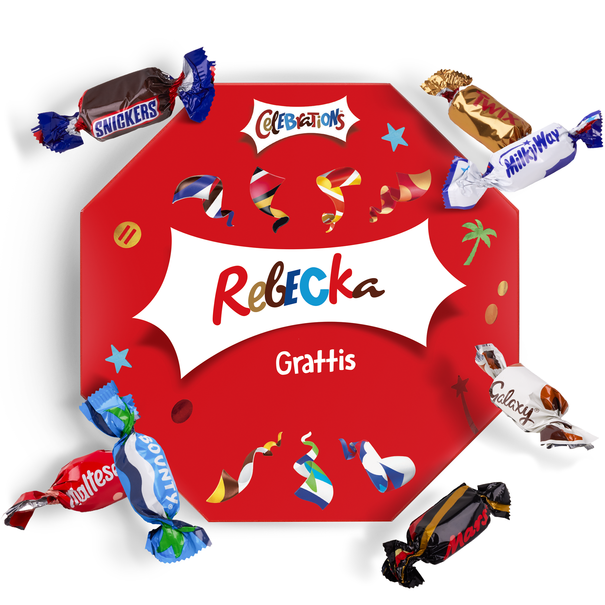 Röd Celebrations presentask med tryckt namn Rebecka och texten Grattis, omgiven av chokladbitar
