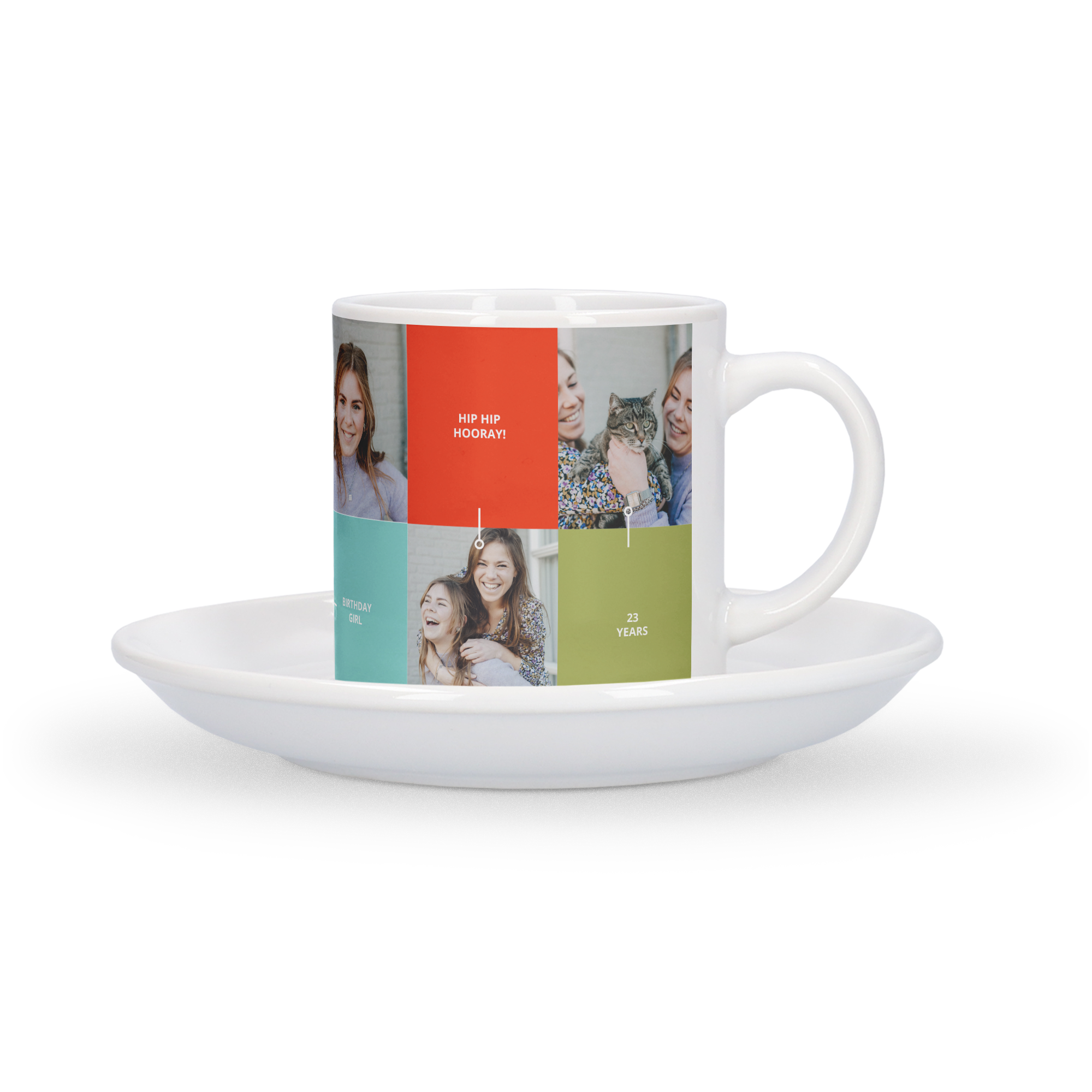 Personalized cappuccino cup and saucer printed with photos and text like Hip Hip Hooray and 23 Years