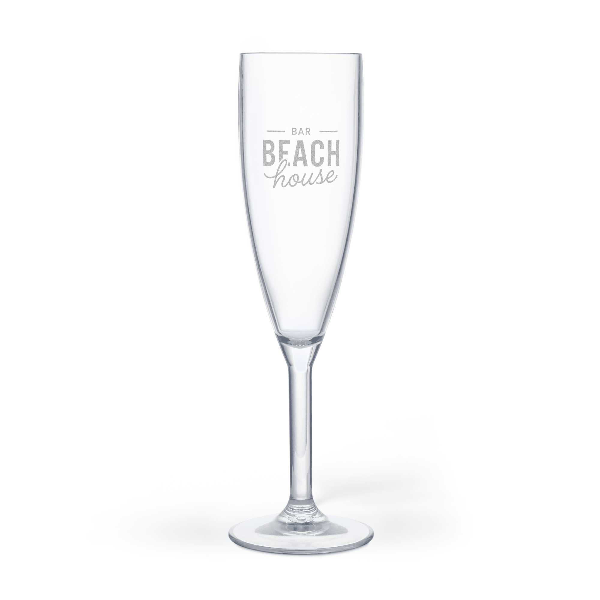 Personlig plastproseccoglass - gravert med teksten BAR BEACH HOUSE, perfekt for egne design.