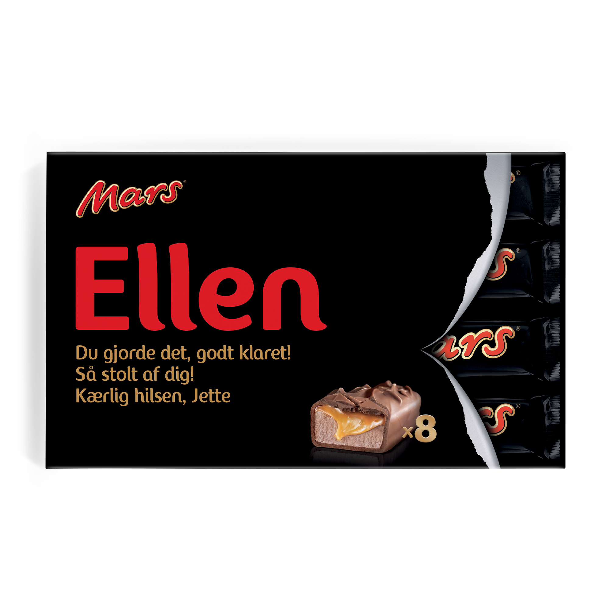 Mars chokolader i gaveæske med navn og billede, trykt med Ellen og en hilsen