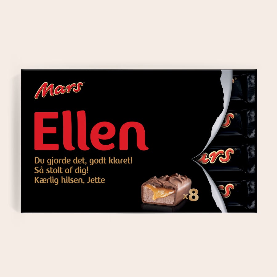 Mars chokoladegave med navn og billede Mars chokolader i gaveæske med navn og billede, trykt med Ellen og en hilsen