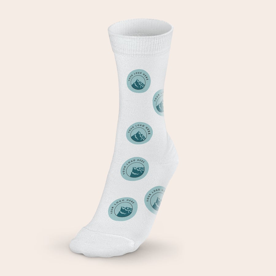 Chaussettes personnalisées Chaussettes personnalisées blanches imprimées d'un motif "your logo here" bleu