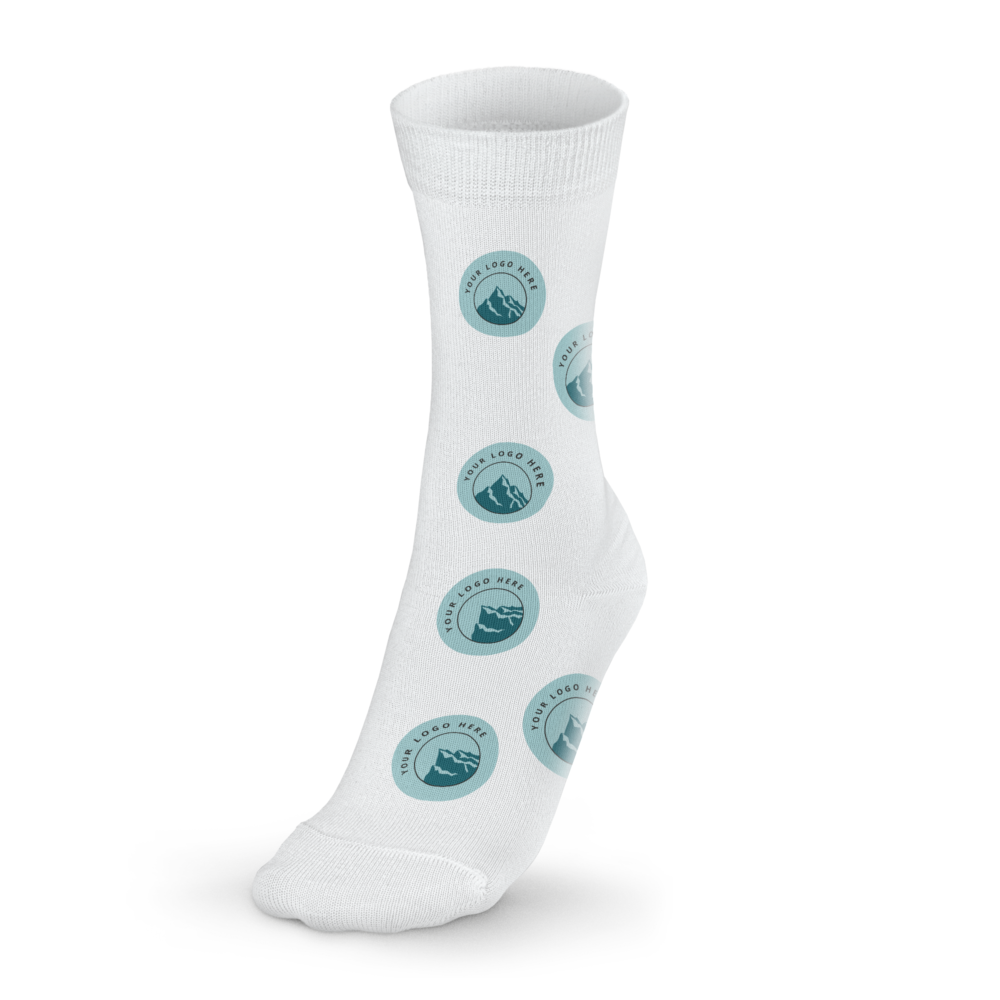 Weiße personalisierte Foto-Socken mit wiederholten blauen Berglogos. Die Personalisierung erfolgt durch Druck.