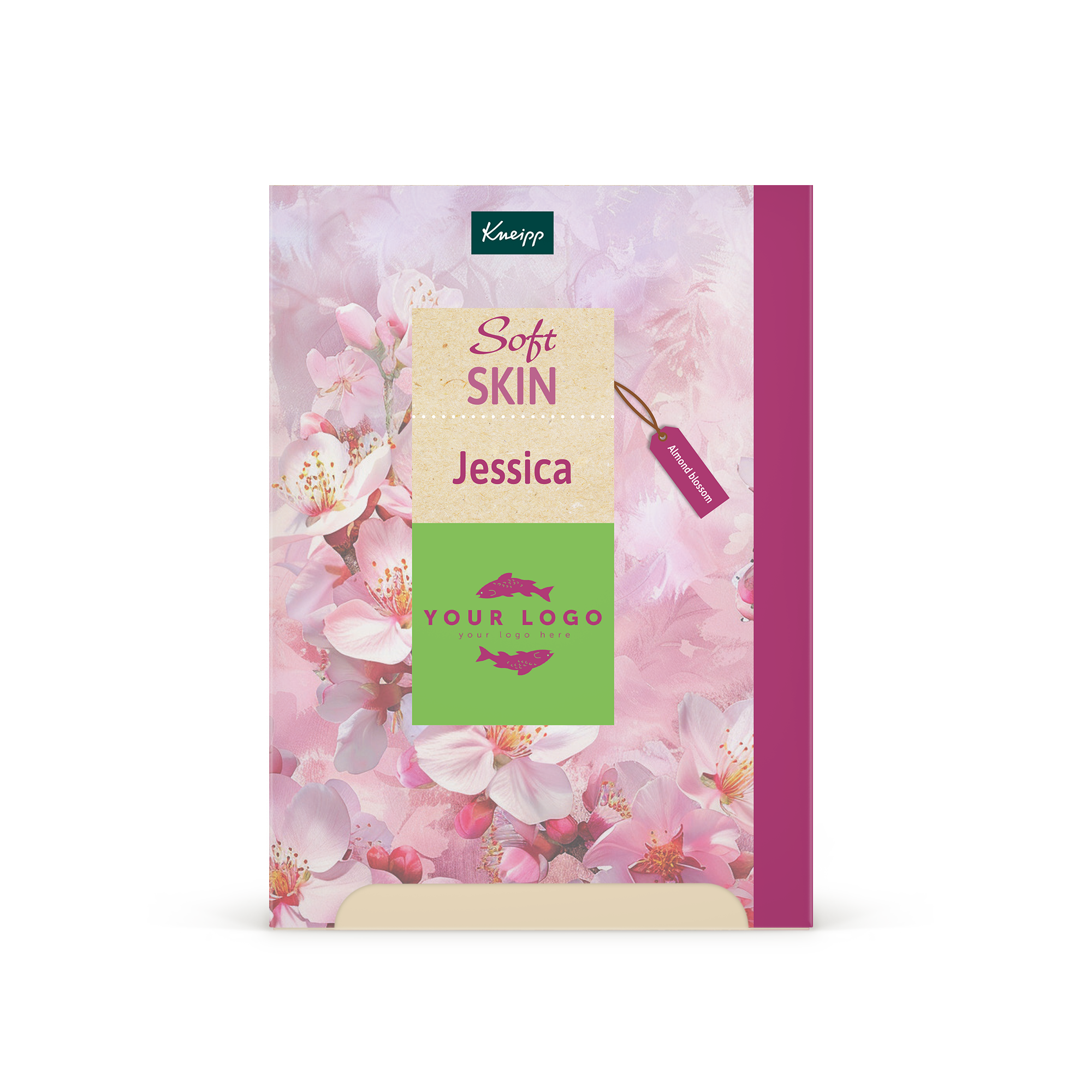 Henkilökohtainen Kneipp Women -lahjarasia - Kneipp design. Lahjapaketti vaaleanpunaisilla kirsikankukilla, jossa Soft SKIN ja Jessica tekstit sekä oma logo.