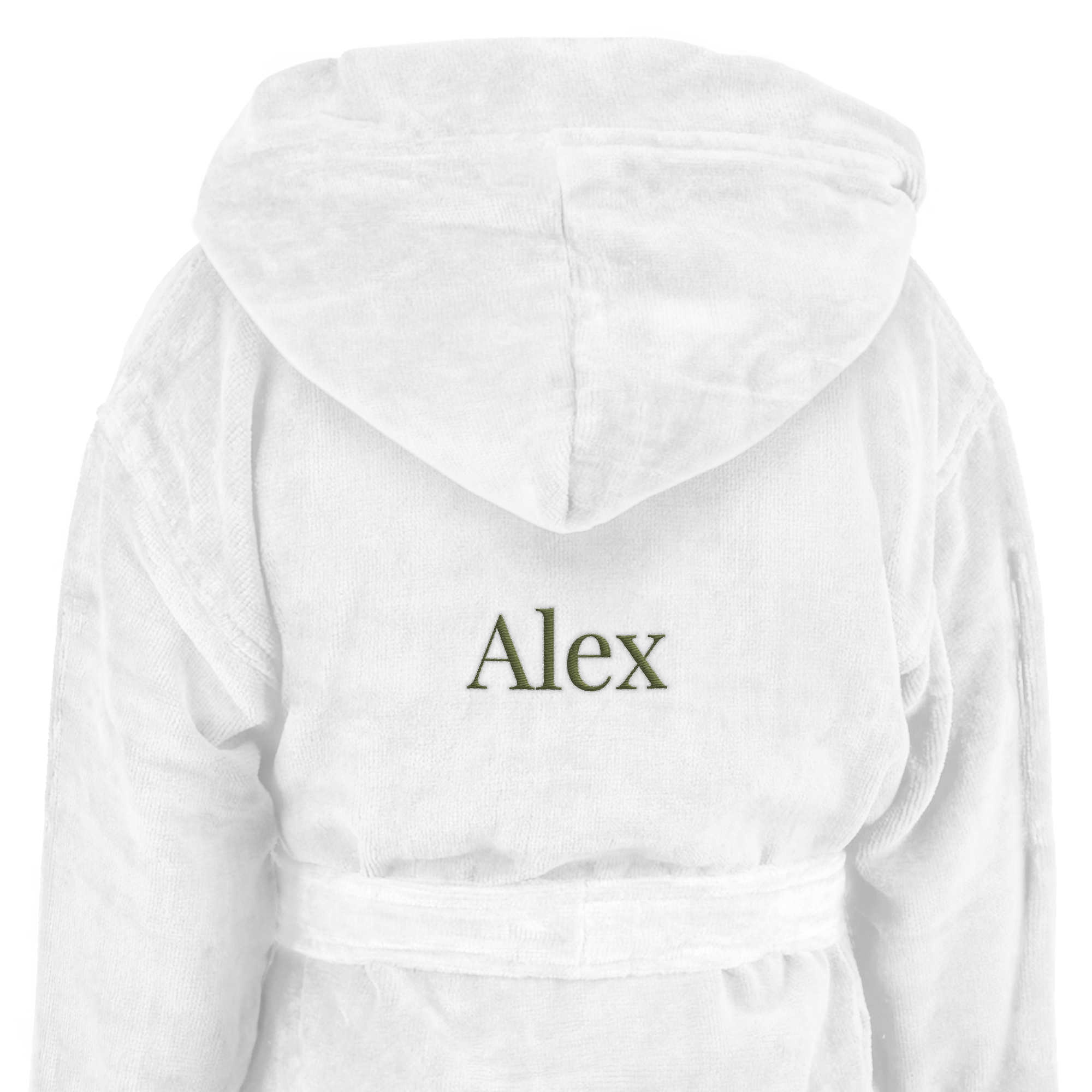 Morbido accappatoio personalizzato per bambini bianco con cappuccio e cintura, ricamato con il nome Alex in verde sul retro
