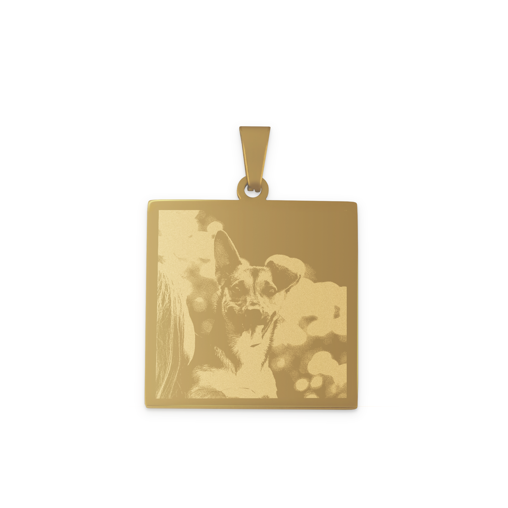 Pendentif doré gravé avec la photo d un chien et d une personne Offrez un pendentif gravé avec votre propre photo