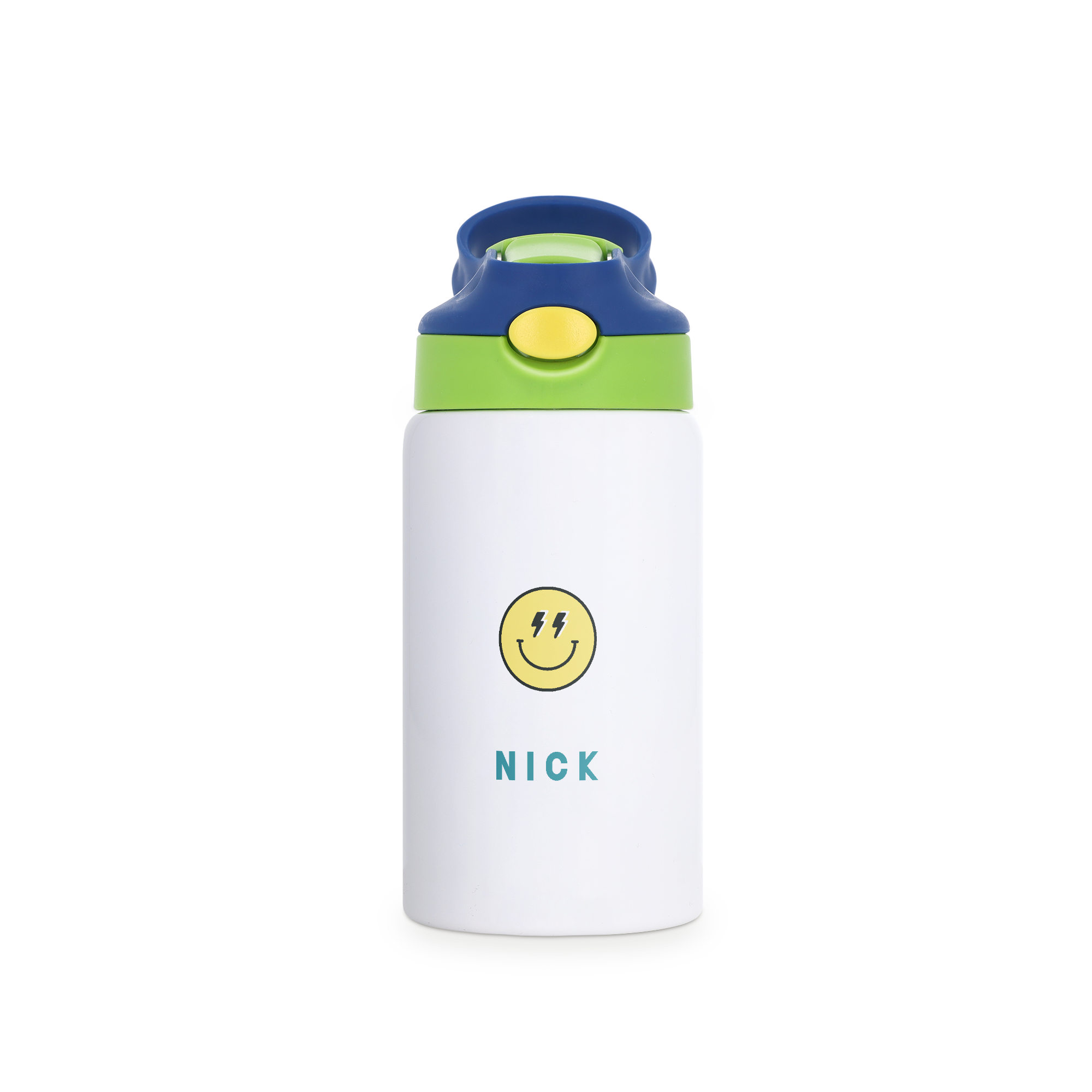 Weiße personalisierte Wasserflasche mit grün-blauem Deckel, bedruckt mit einem gelben Smiley-Gesicht und dem Namen NICK
