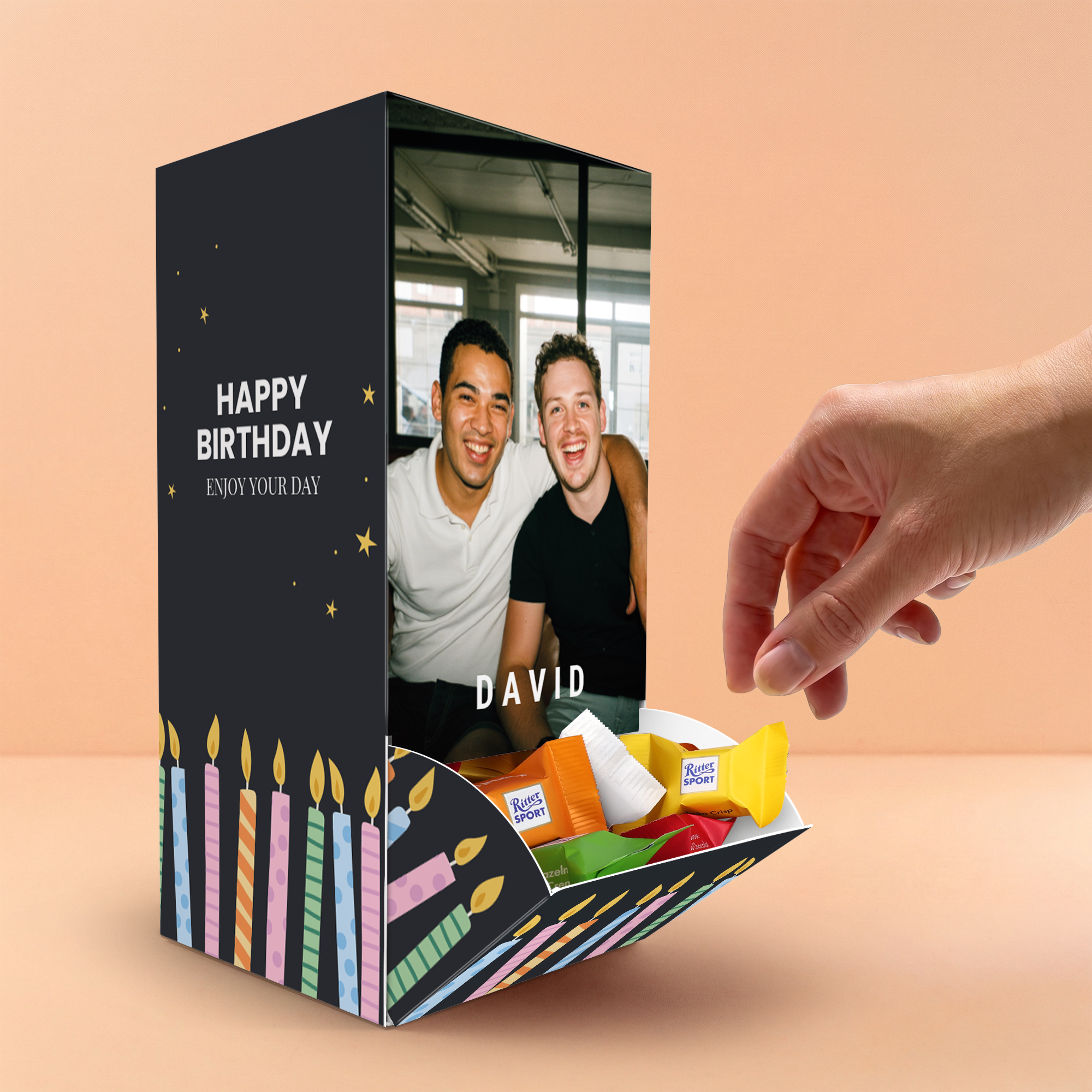 Personalised chocolate dispenser with Ritter Sport Mini Mix printed with a photo and name for a birthday