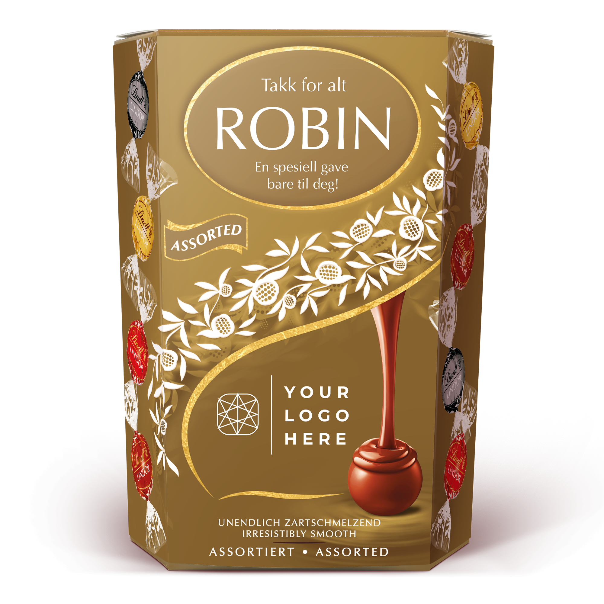 Gullfarget Lindt sjokoladeeske med navnet Robin, personlig trykt i hvitt med tekst og blomstermønster.