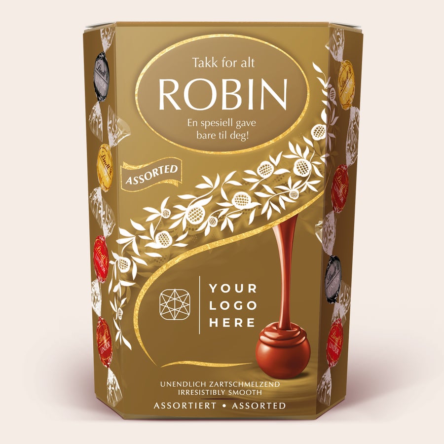 Gaveeske med Lindt-sjokolade Gullfarget Lindt sjokoladeeske med navnet Robin, personlig trykt i hvitt med tekst og blomstermønster.