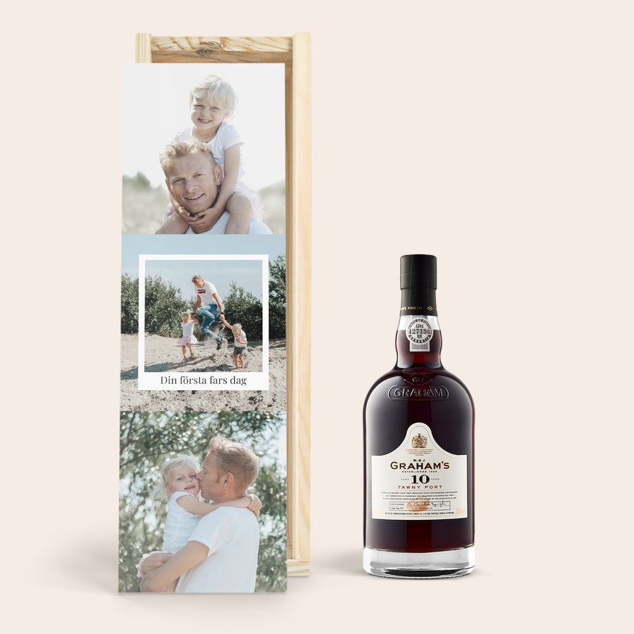 Personliga port Graham's 10 Years Flaska Grahams 10-åriga portvin i ett träfodral med personlig text, en gåva med fullfärgstryck