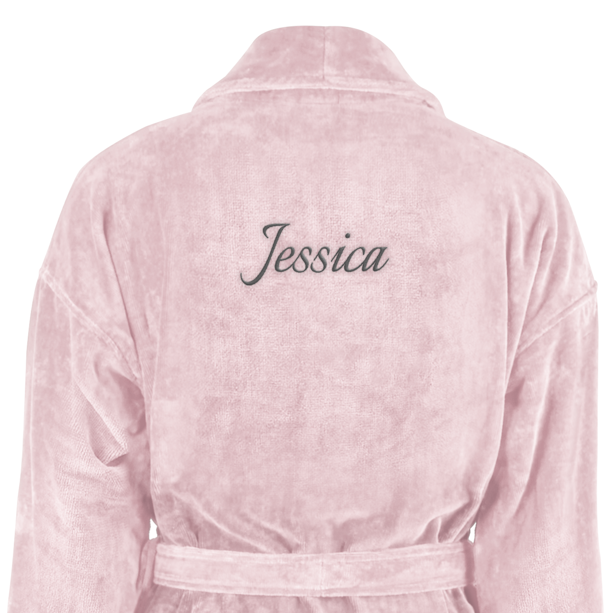 Peignoir personnalisé rose pour femme, brodé du prénom Jessica en gris, un luxueux cadeau