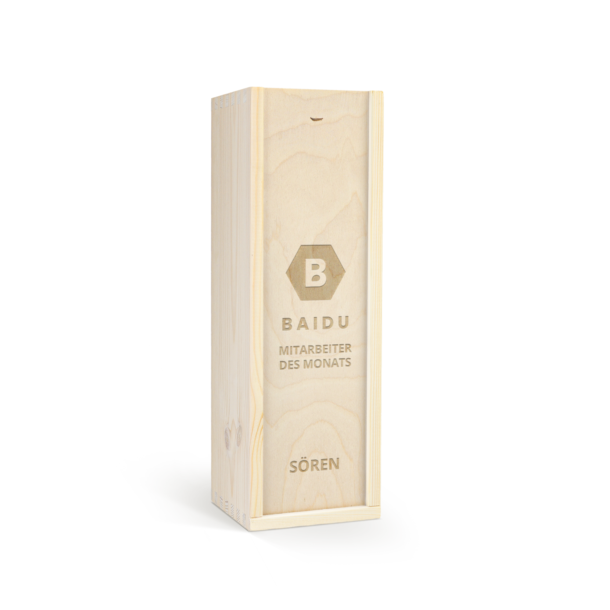 Personalisierte Holzkiste für eine Flasche Famous Grouse mit graviertem Logo, Text "Baidu Mitarbeiter des Monats" und dem Namen Sören