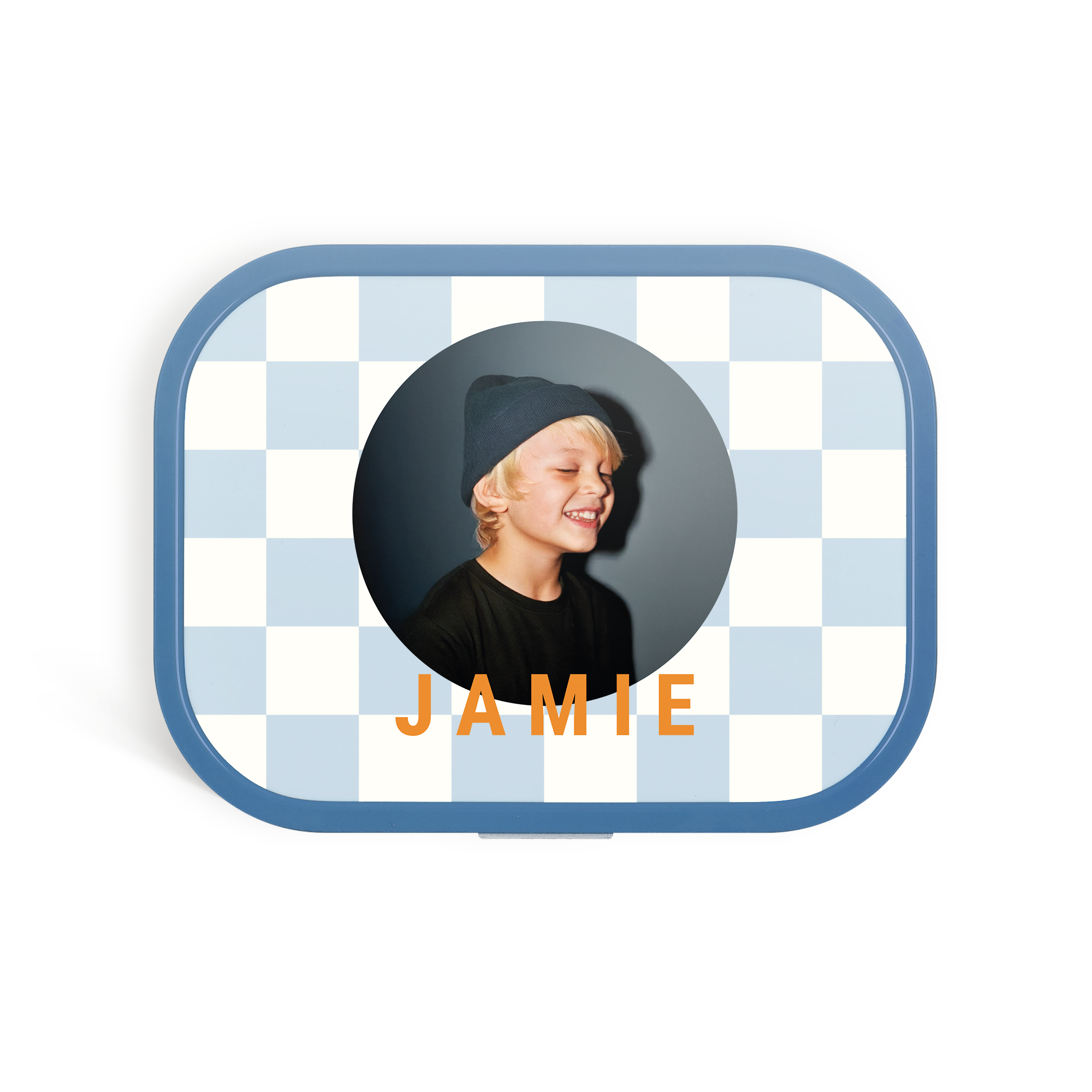Lunchbox Mepal blu personalizzata con foto di bambino sorridente e nome Jamie in arancione per rendere speciale l'ora di pranzo