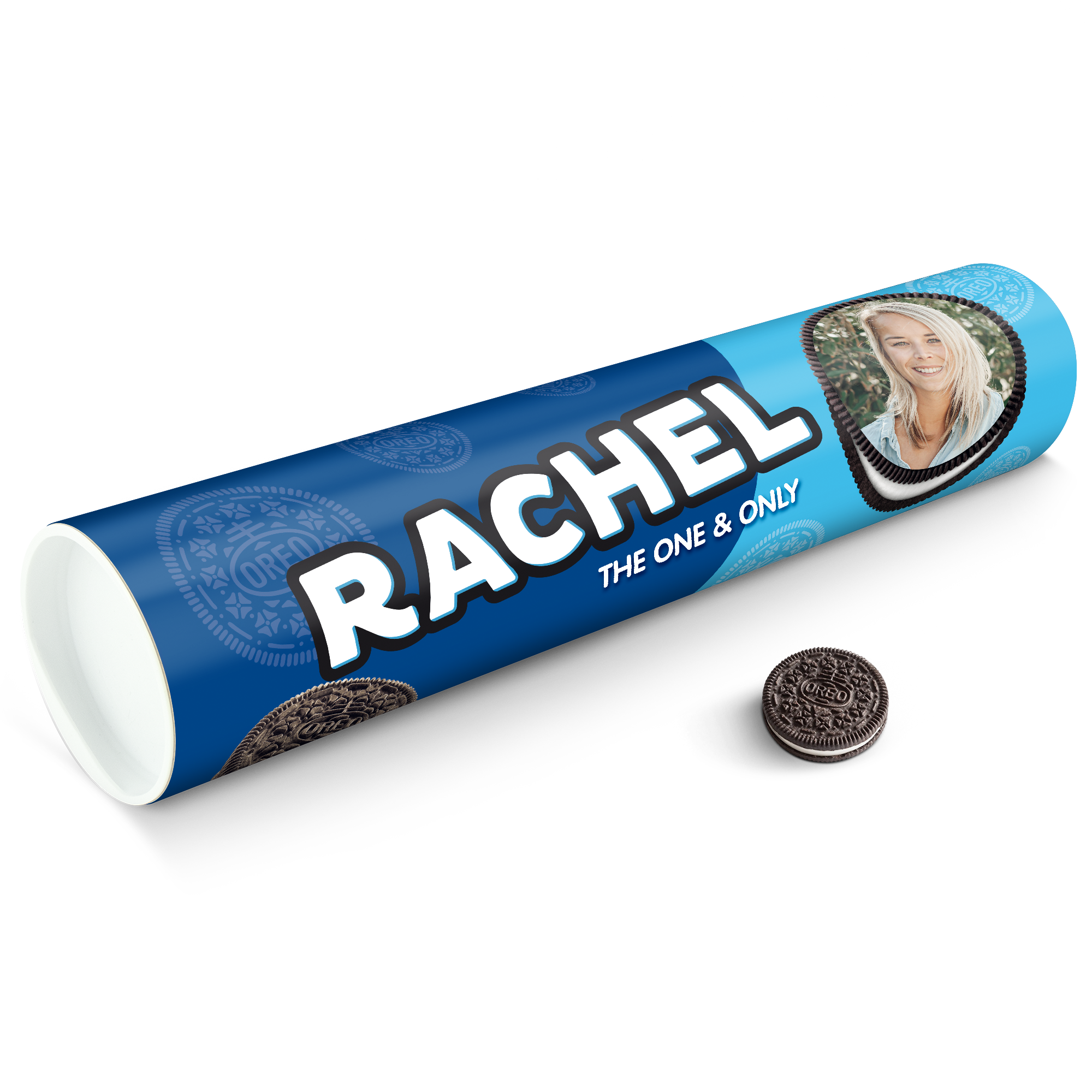 Rouleau cadeau Oreo XXL bleu personnalisé avec photo et nom Rachel, surprenez les amateurs de biscuits.