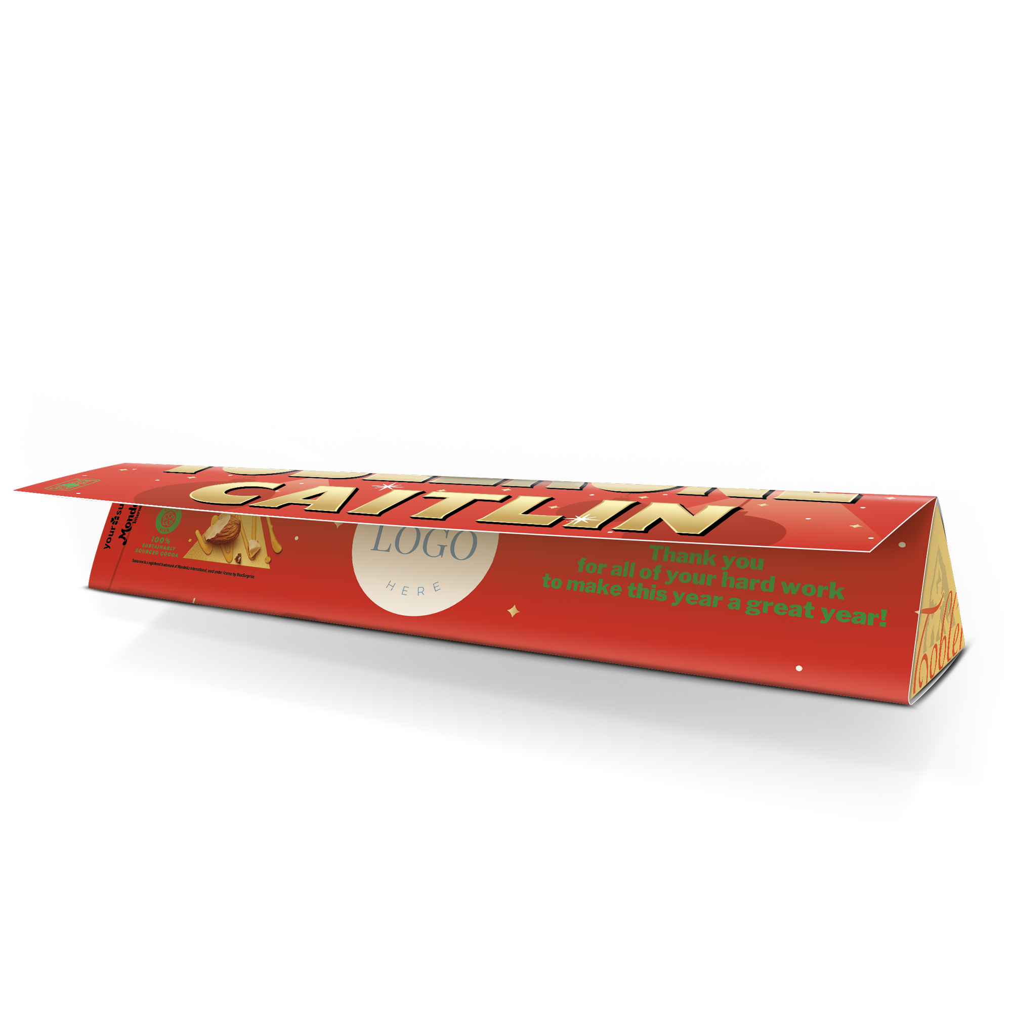 Toblerone personalizzato rosso con nome CAITLIN e messaggio "Thank you for all of your hard work to make this year a great year!" stampato, perfetto da mettere sotto l'albero di Natale.