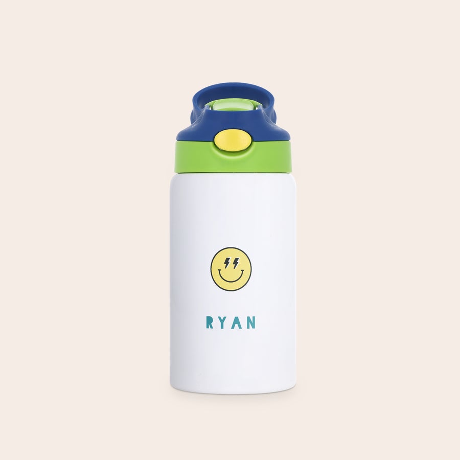 Gourde personnalisée enfant Bouteille d'eau blanche pour enfant personnalisée avec nom Ryan et visage souriant imprimé