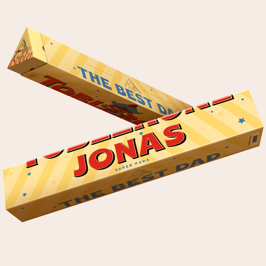 Toblerone Best Dad Personalisieren Personalisierte Toblerone Schokolade als Vatertagsgeschenk, bedruckt mit dem Namen "JONAS" und dem Text "SUPER PAPA"