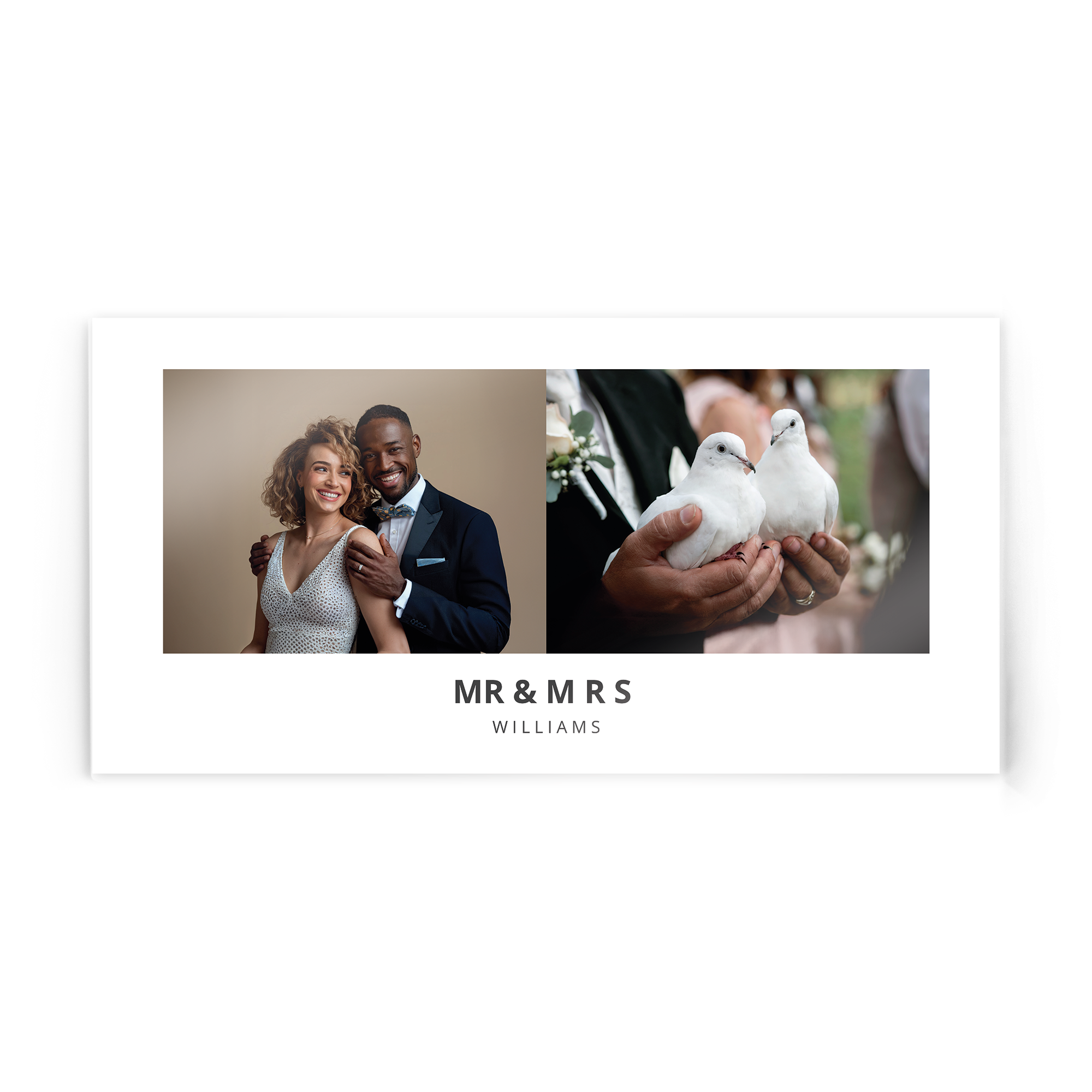 Bilde på akryl med et brudepar, to hvite duer, og teksten "MR & MRS WILLIAMS" for å immortalize et minne.