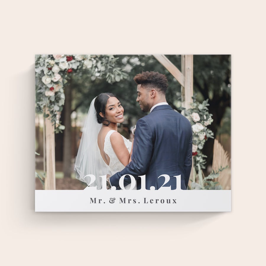 Photo sur toile Toile photo personnalisée avec des mariés, imprimée avec la date 21.01.21 et les noms Mr & Mrs. Leroux.