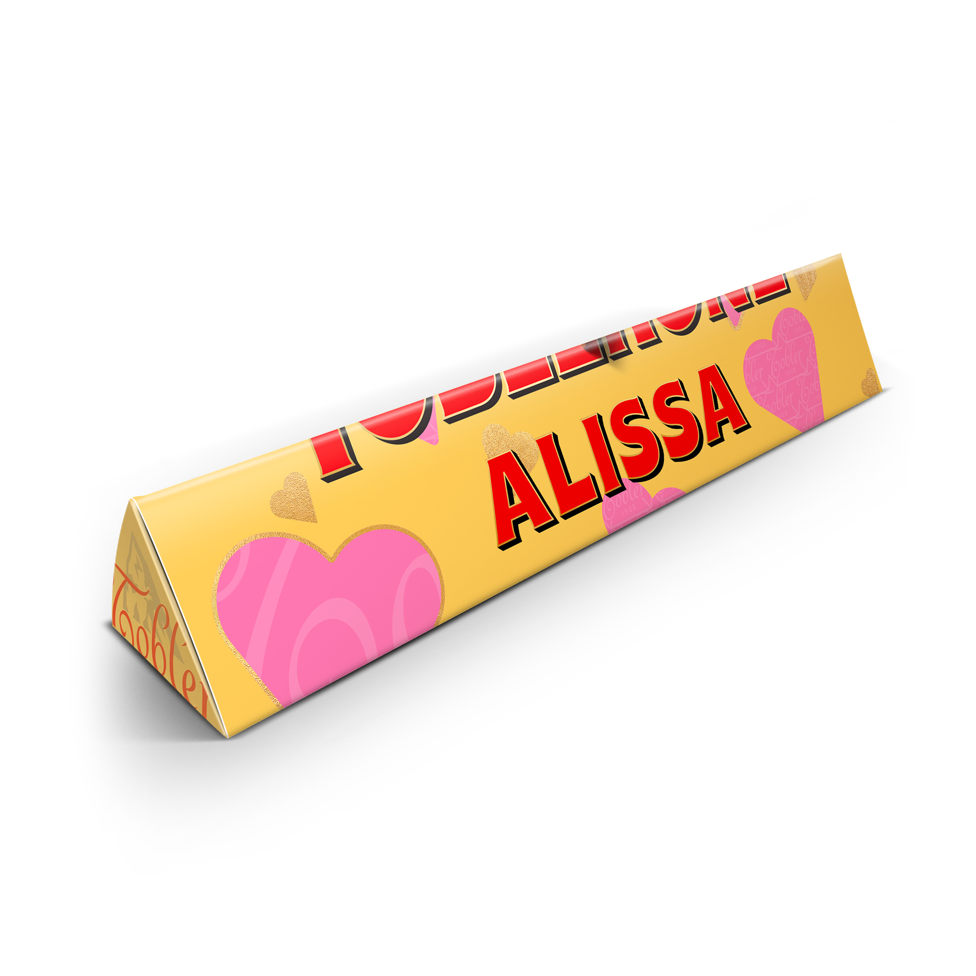 Toblerone Amour personnalisé avec le prénom ALISSA et des cœurs roses imprimés