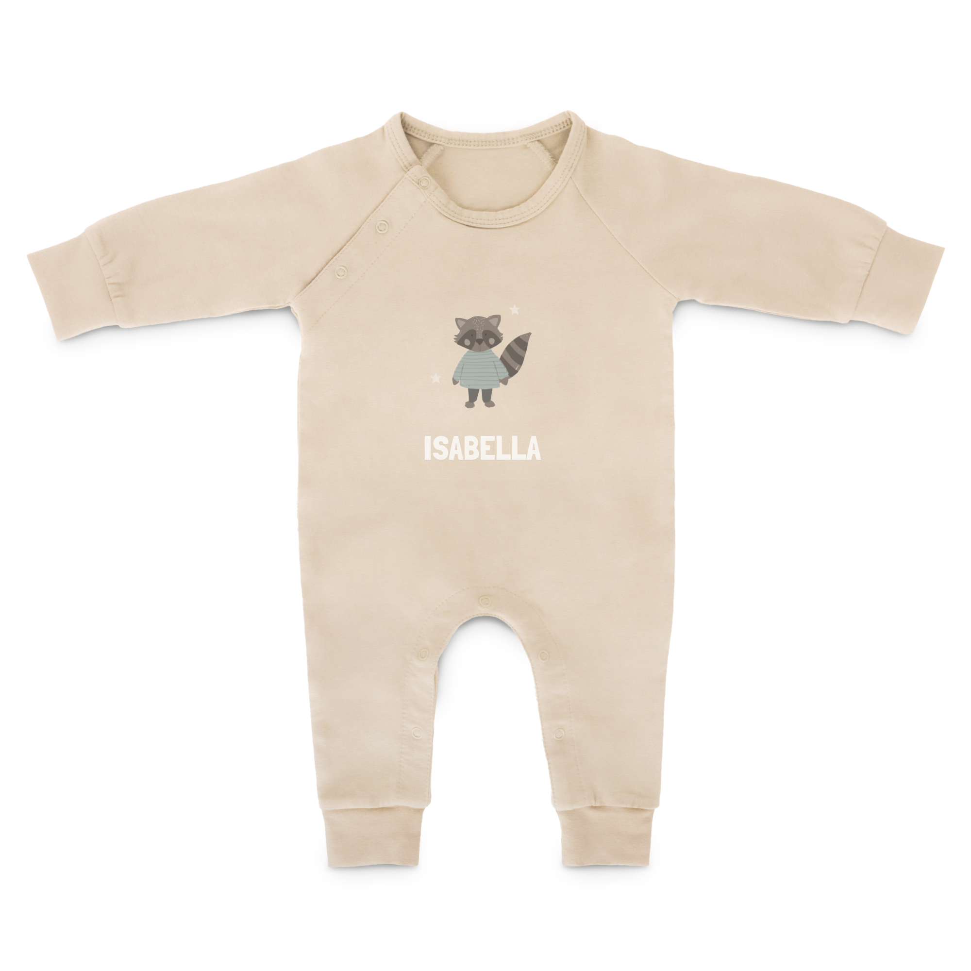 Body personalizado color beige con diseño de mapache y el nombre "Isabella" impreso.