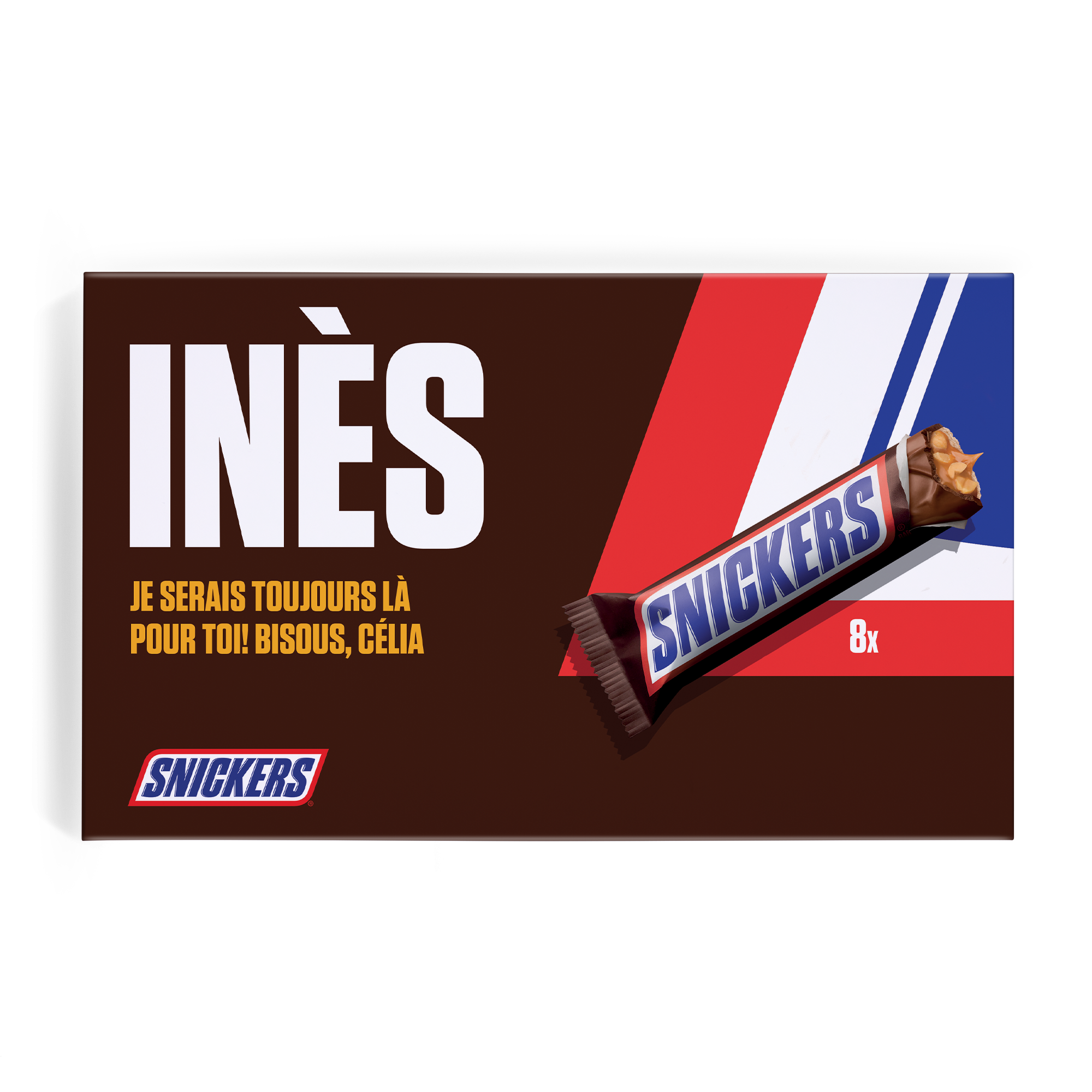 Coffret cadeau Snickers personnalisé marron avec le prénom Inès et le message Je serais toujours là pour toi Bisous Célia imprimés