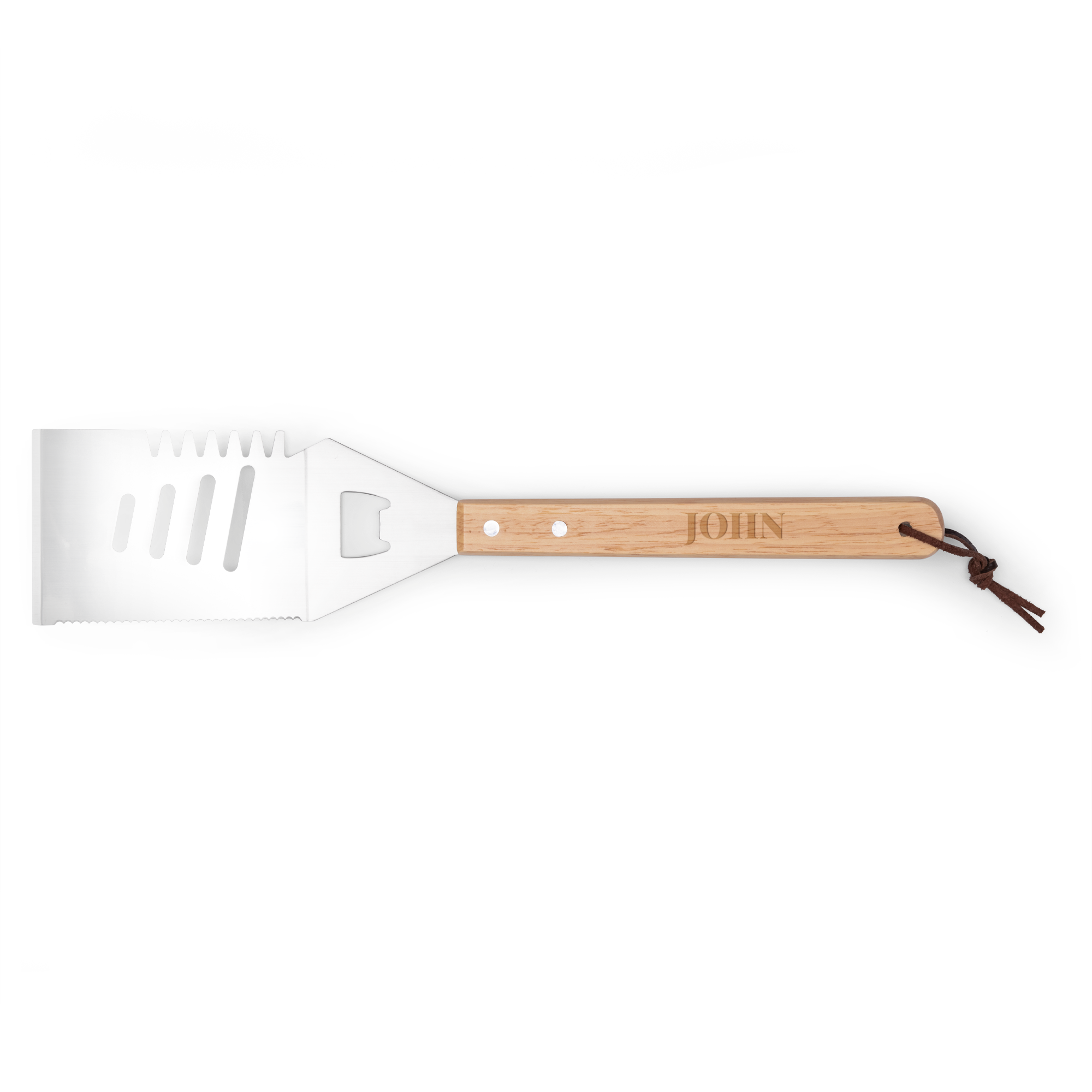 Personlig grillspade i stål och trä med flasköppnare, graverad med namnet JOHN