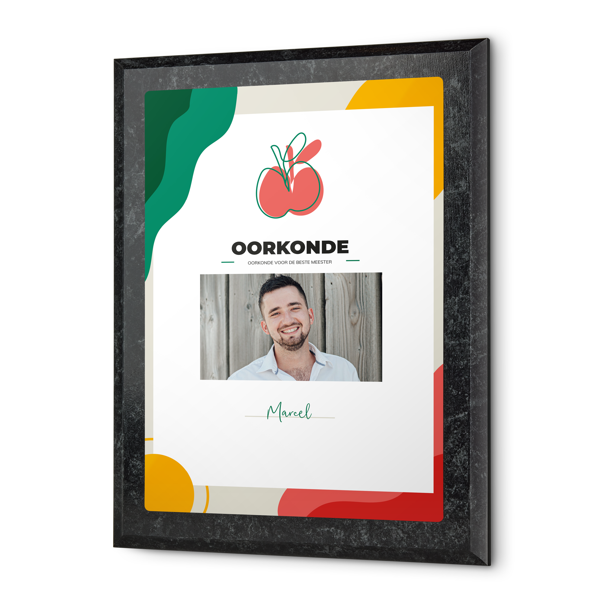 Gepersonaliseerde oorkonde voor de beste meester met foto van Marcel, gedrukt in kleur