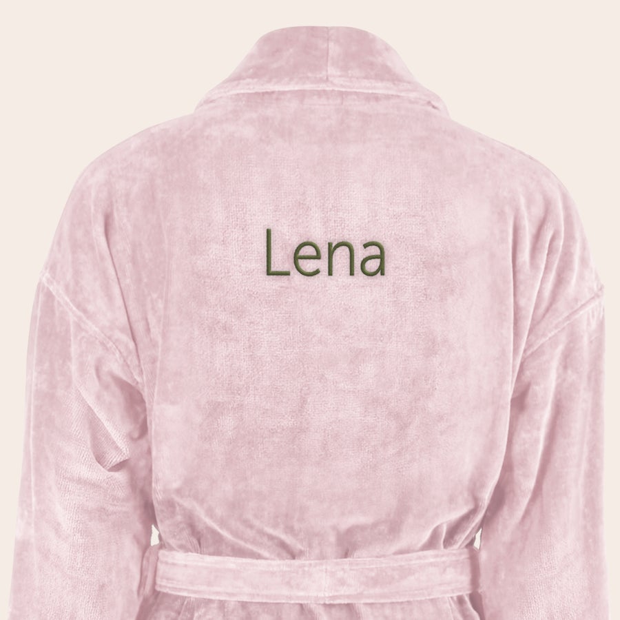 Dame Badekåbe med navn Luksus morgenkåbe til damer i lyserød med broderet navn Lena.