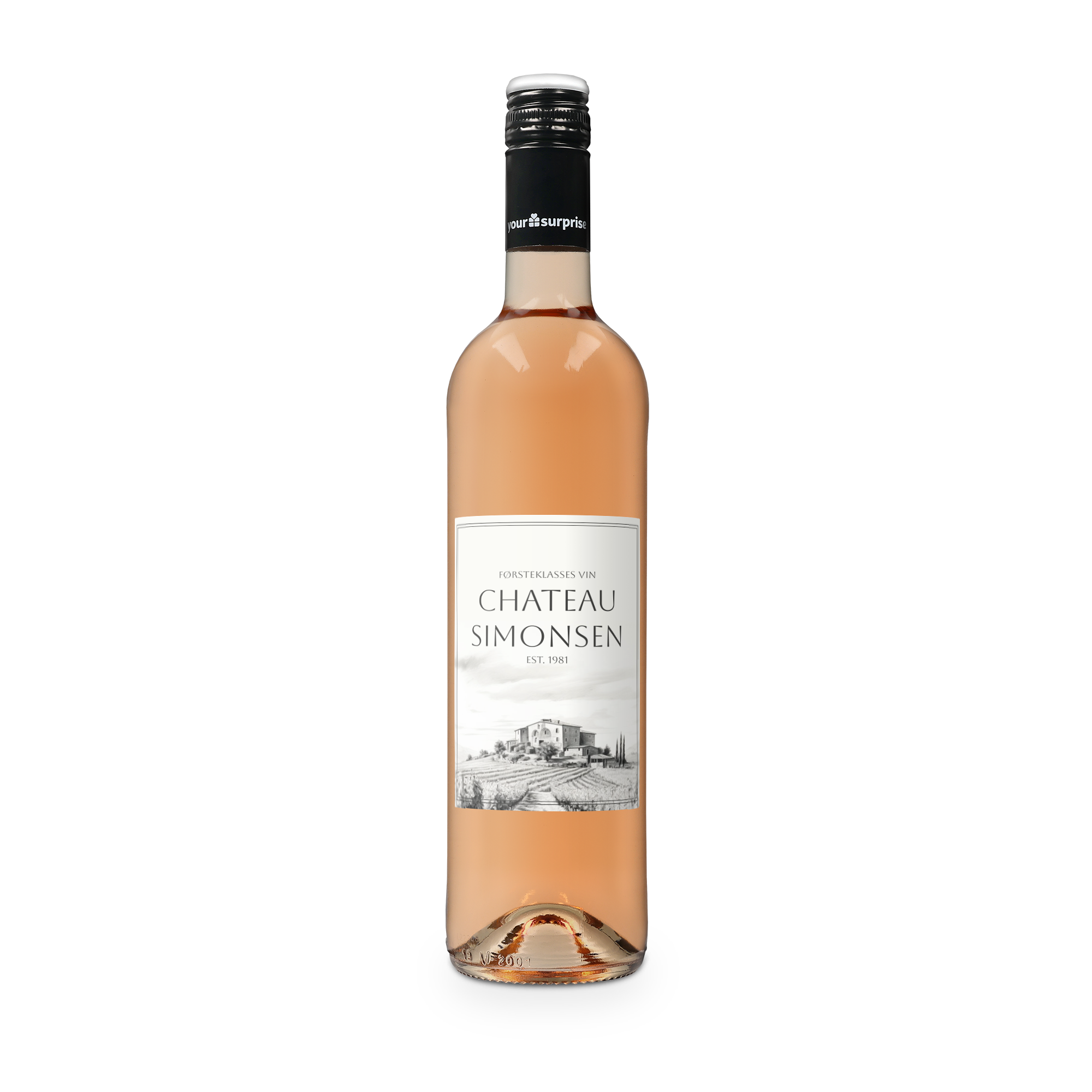 Maison de la Surprise rosévin med personlig etiket, teksten Chateau Simonsen og Est 1981 trykt på