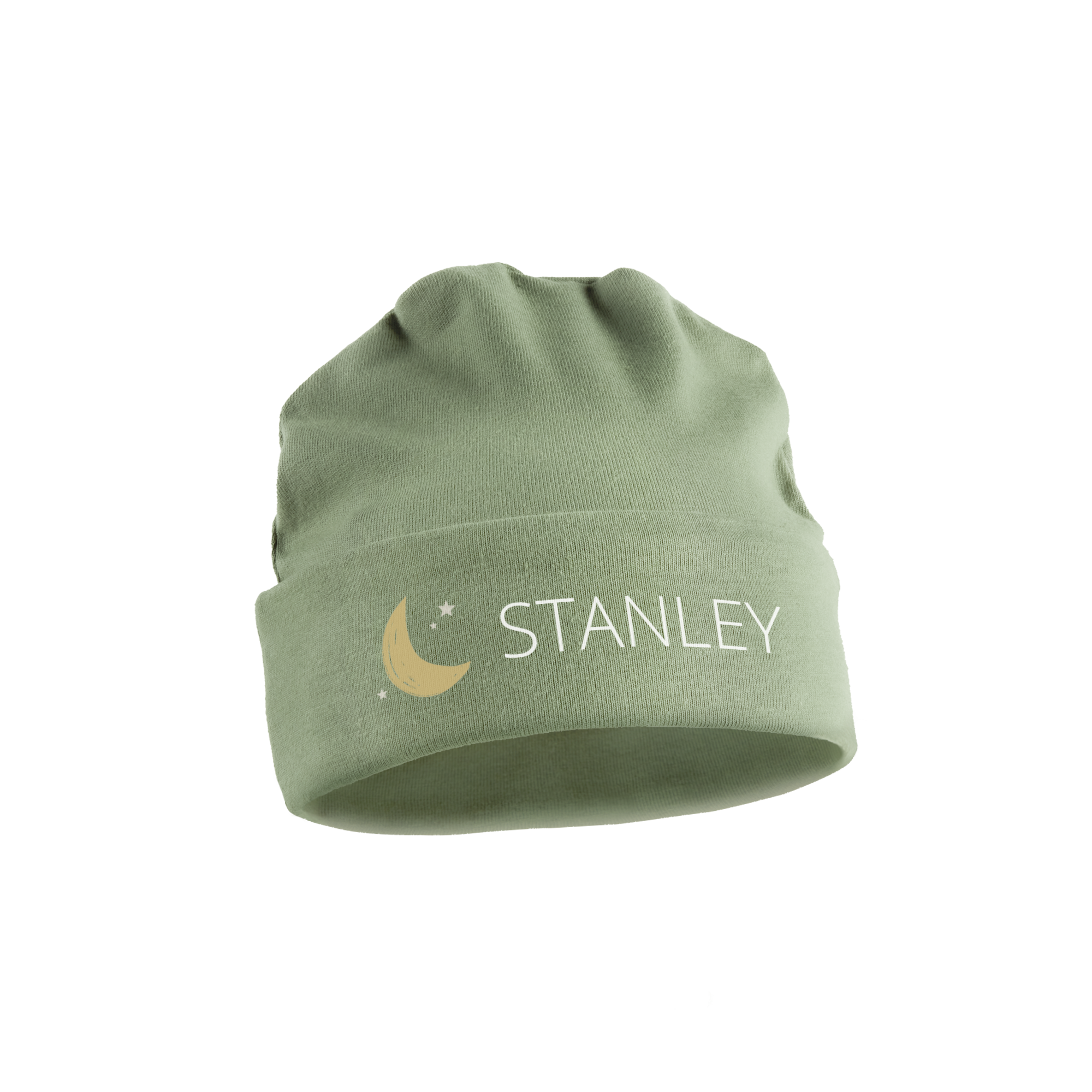 Cappello da neonato verde oliva personalizzato con nome Stanley e disegno luna, stampato