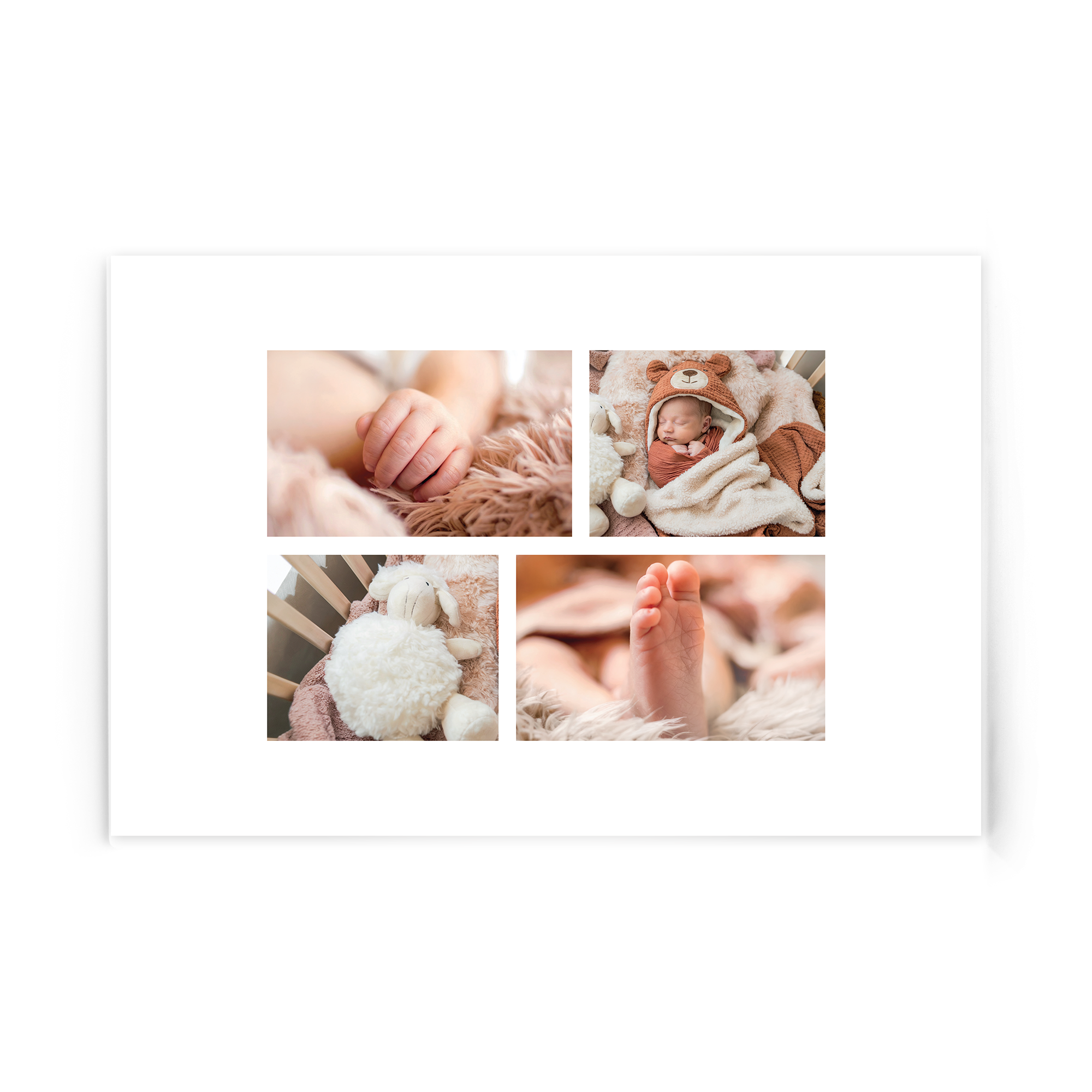 Collage di foto in acrilico con mani e piedi di neonato, neonato che dorme e giocattolo in peluche.