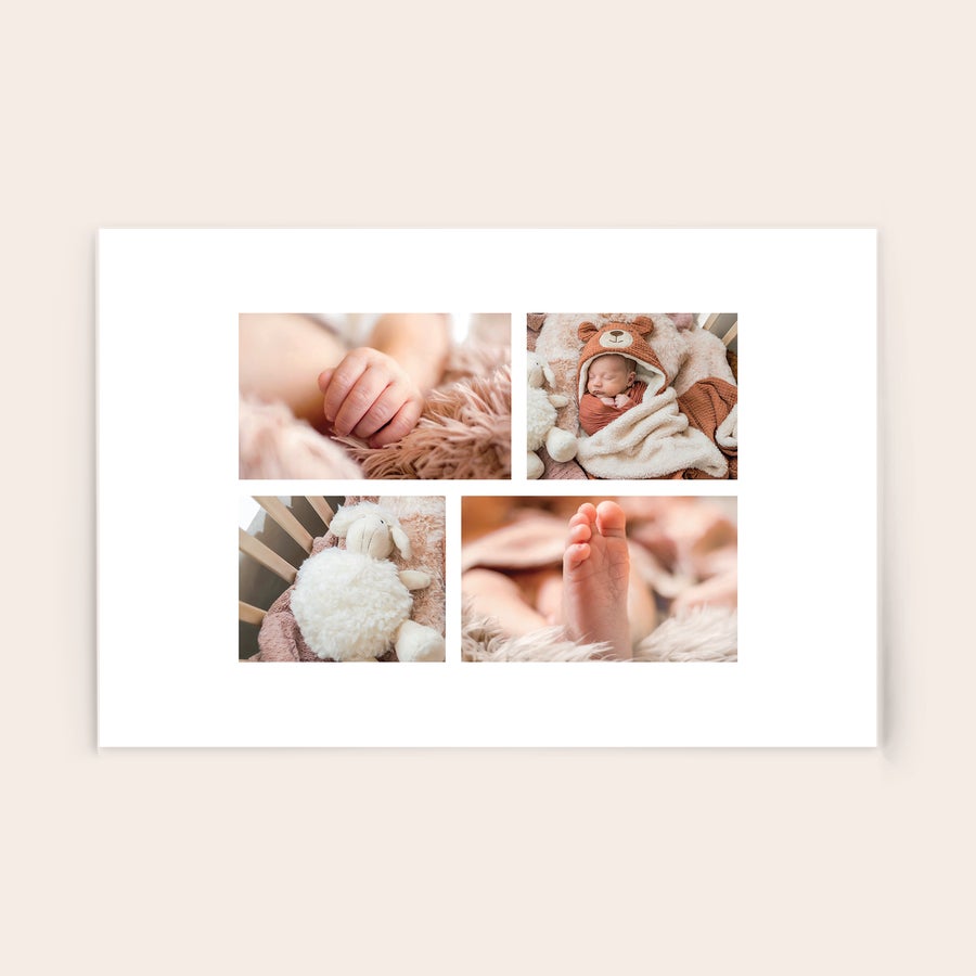 Foto su acrillico Collage di foto in acrilico con mani e piedi di neonato, neonato che dorme e giocattolo in peluche.