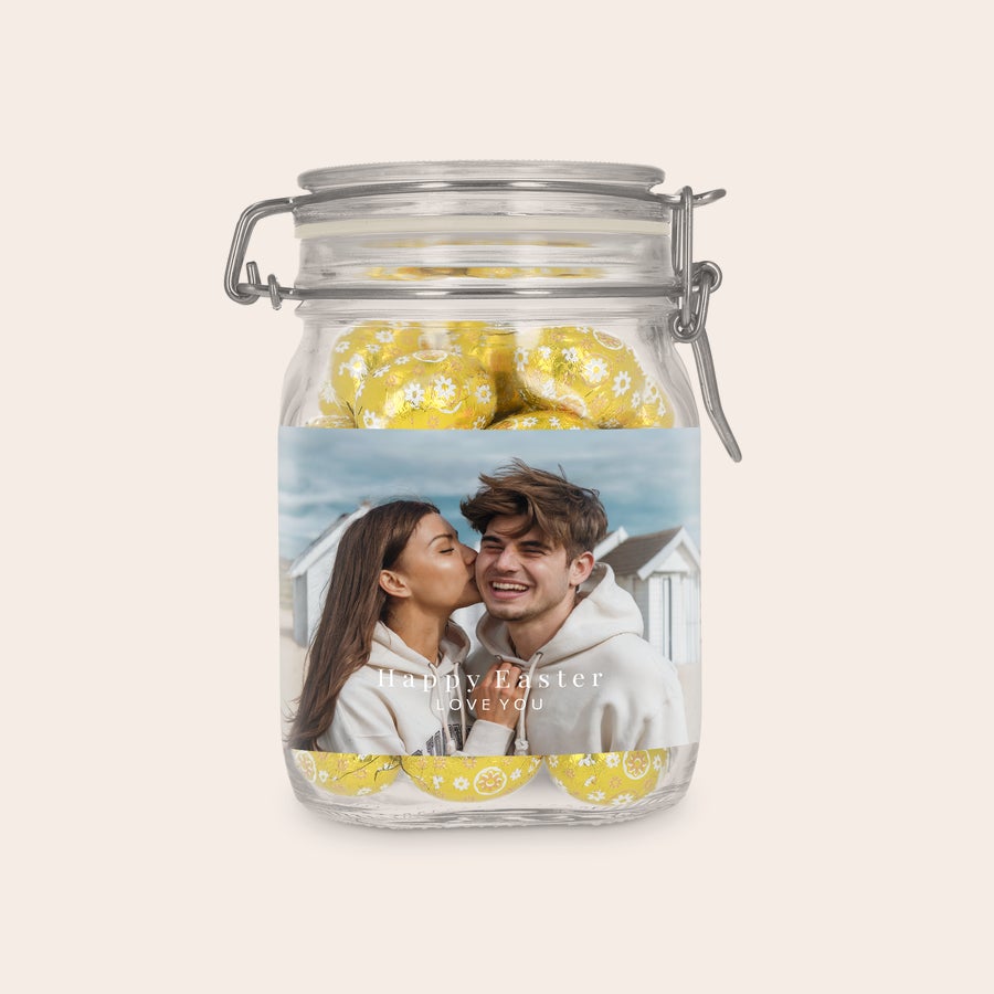 Czekoladowe jajeczka w personalizowanym słoju 1l Czekoladowe jajeczka w personalizowanym słoju 1l