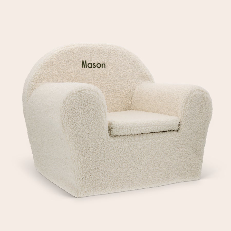 Scaun de tesatura pentru copii teddy Scaun personalizat pentru copii, de pluș alb, brodat cu numele Mason, ideal pentru camera copilului.