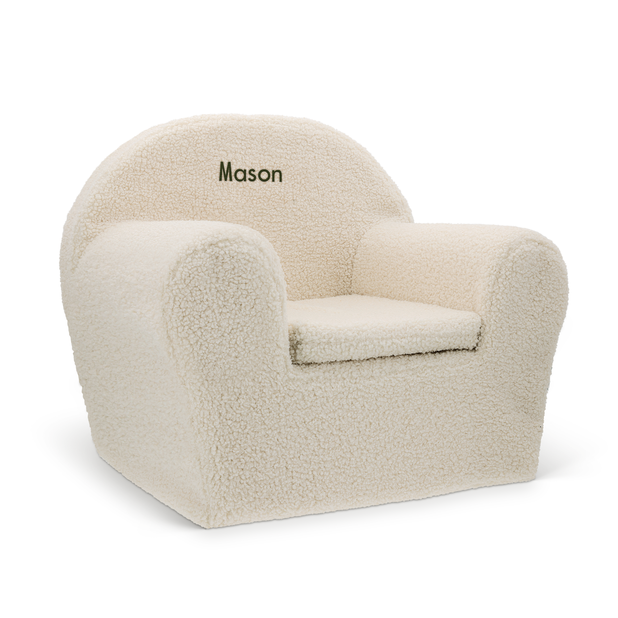 Personalizowany dziecięcy fotel Teddy Chair w kolorze ecru z wyhaftowanym imieniem Mason
