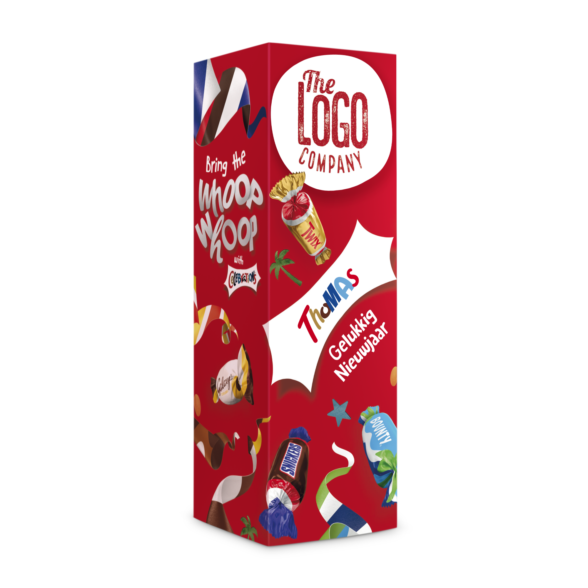 Rode Celebrations fles in cadeauverpakking bedrukt met de naam Thomas, de tekst Gelukkig Nieuwjaar en diverse chocolaatjes