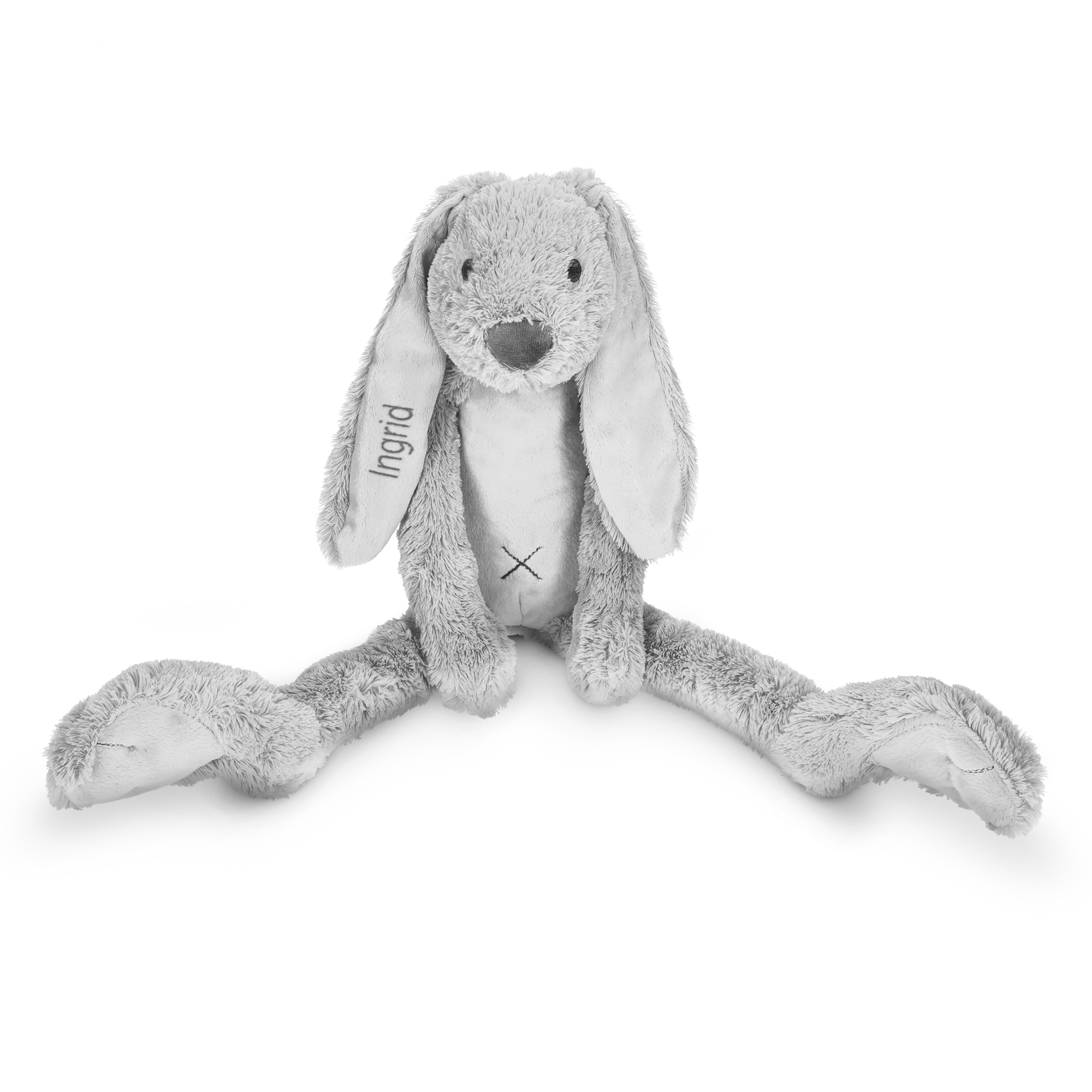 Grått mjukdjur Rabbit Richie med namnet Ingrid broderat på örat, en personlig gosedjur att överraska den lilla i ditt liv.
