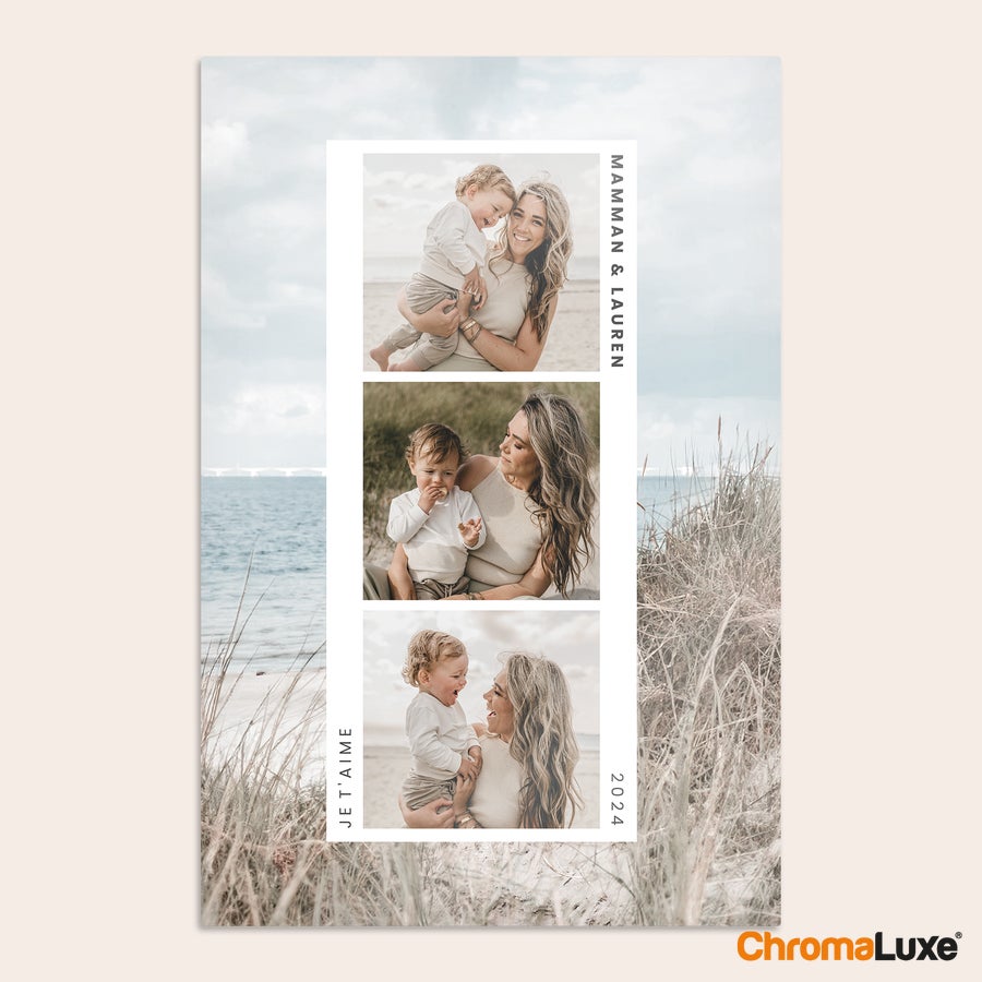 Impression photo sur aluminium Tableau photo personnalisé ChromaLuxe avec mère et enfant, imprimé de "Maman & Lauren", "Je taime" et "2024"