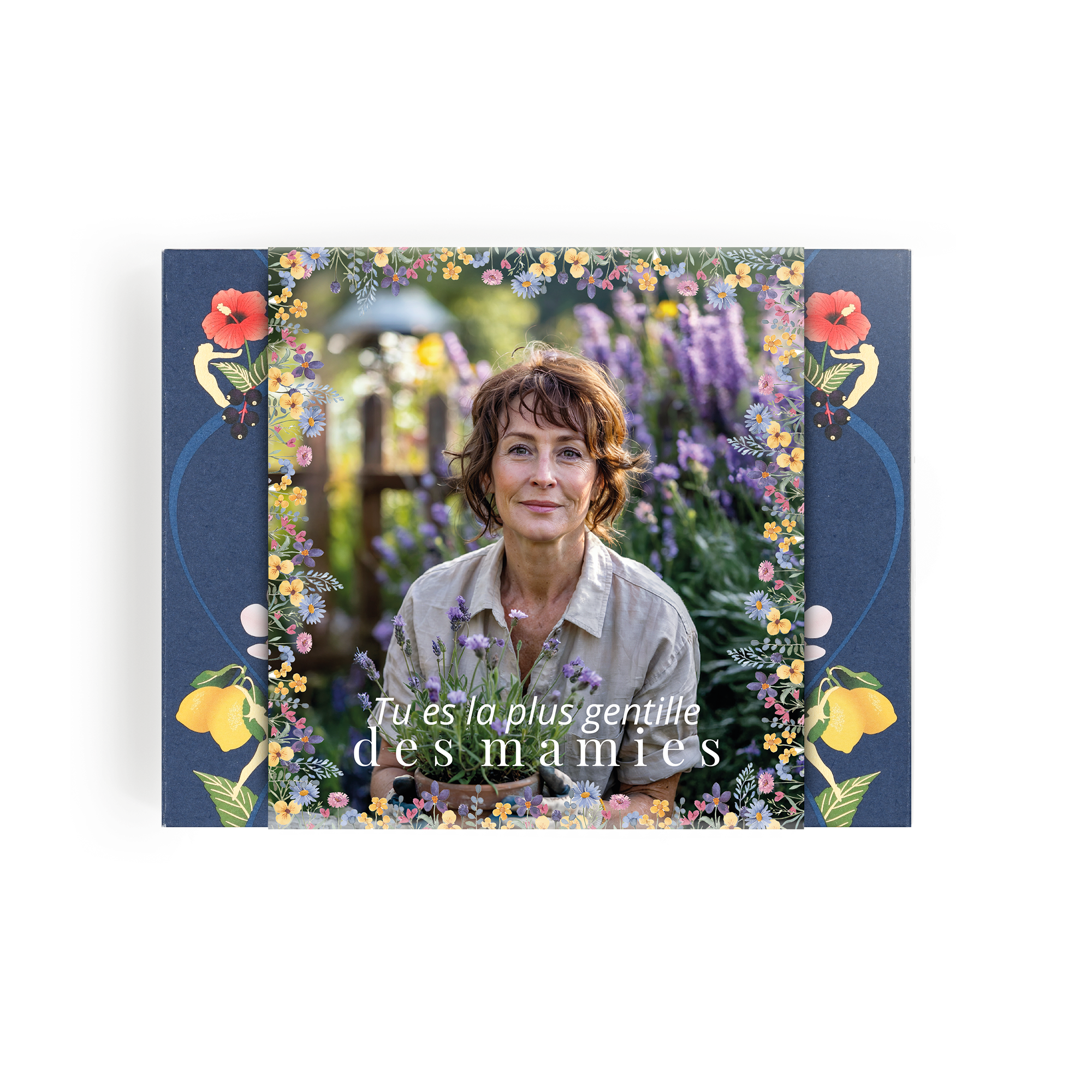 Boîte à thé personnalisée avec photo et texte imprimés, Leur Sanctuaire de Thé Personnalisé Vous Attend, bordure florale.