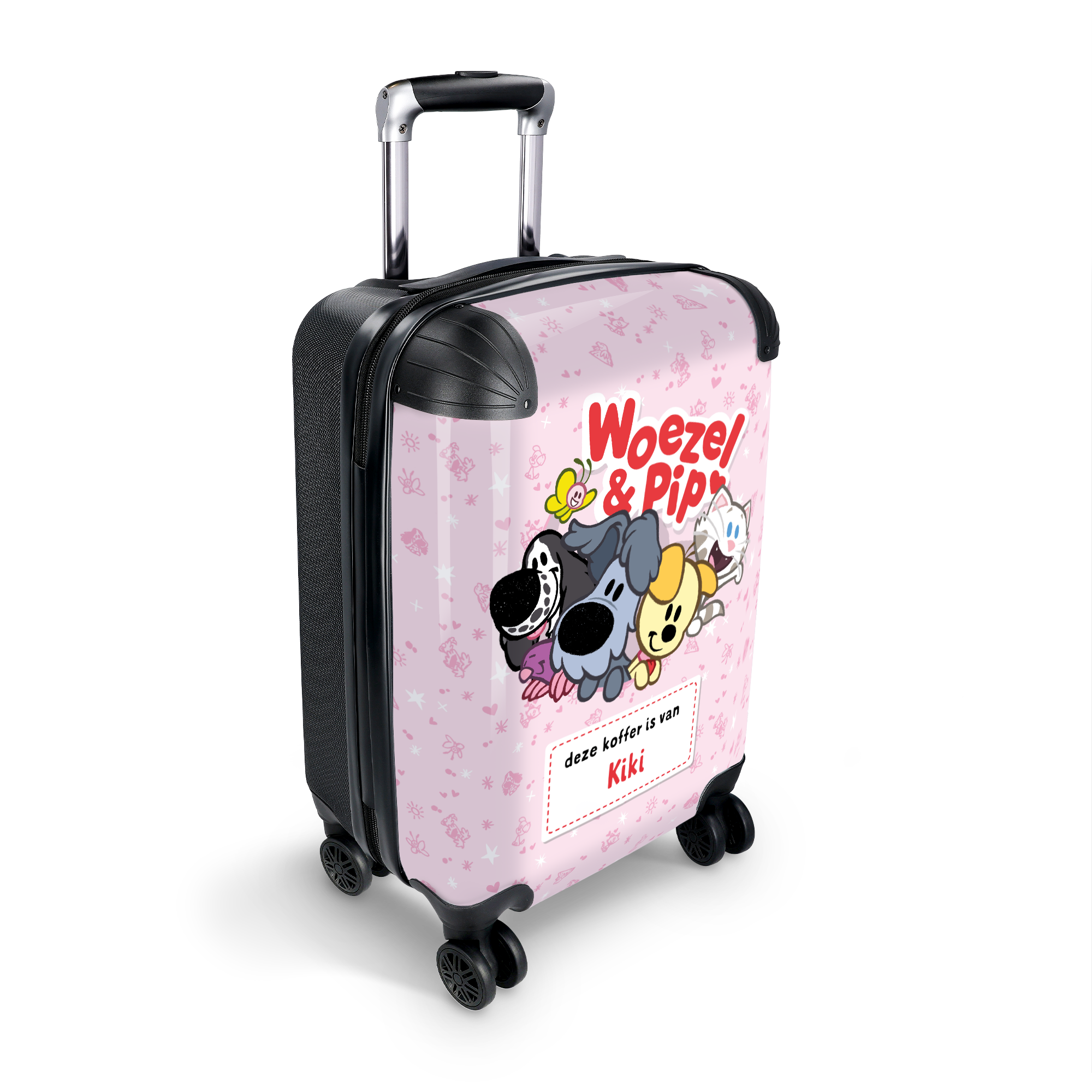 Roze Woezel & Pip naamkoffer handbagage, bedrukt met illustraties en de naam Kiki, perfect voor kinderen.