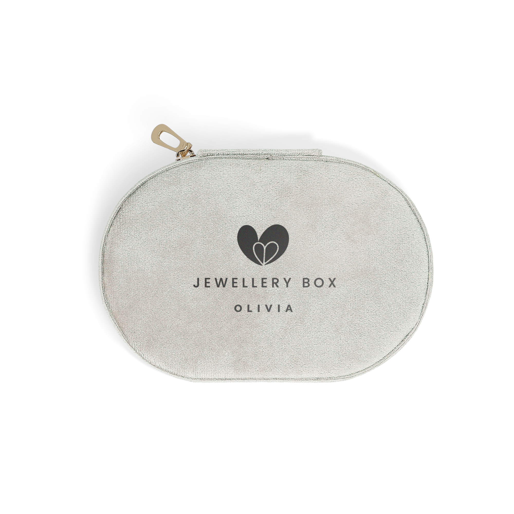 Schmuckkästchen personalisiert - Oval - Beige, bedruckt mit Herzmotiv und dem Namen Olivia.