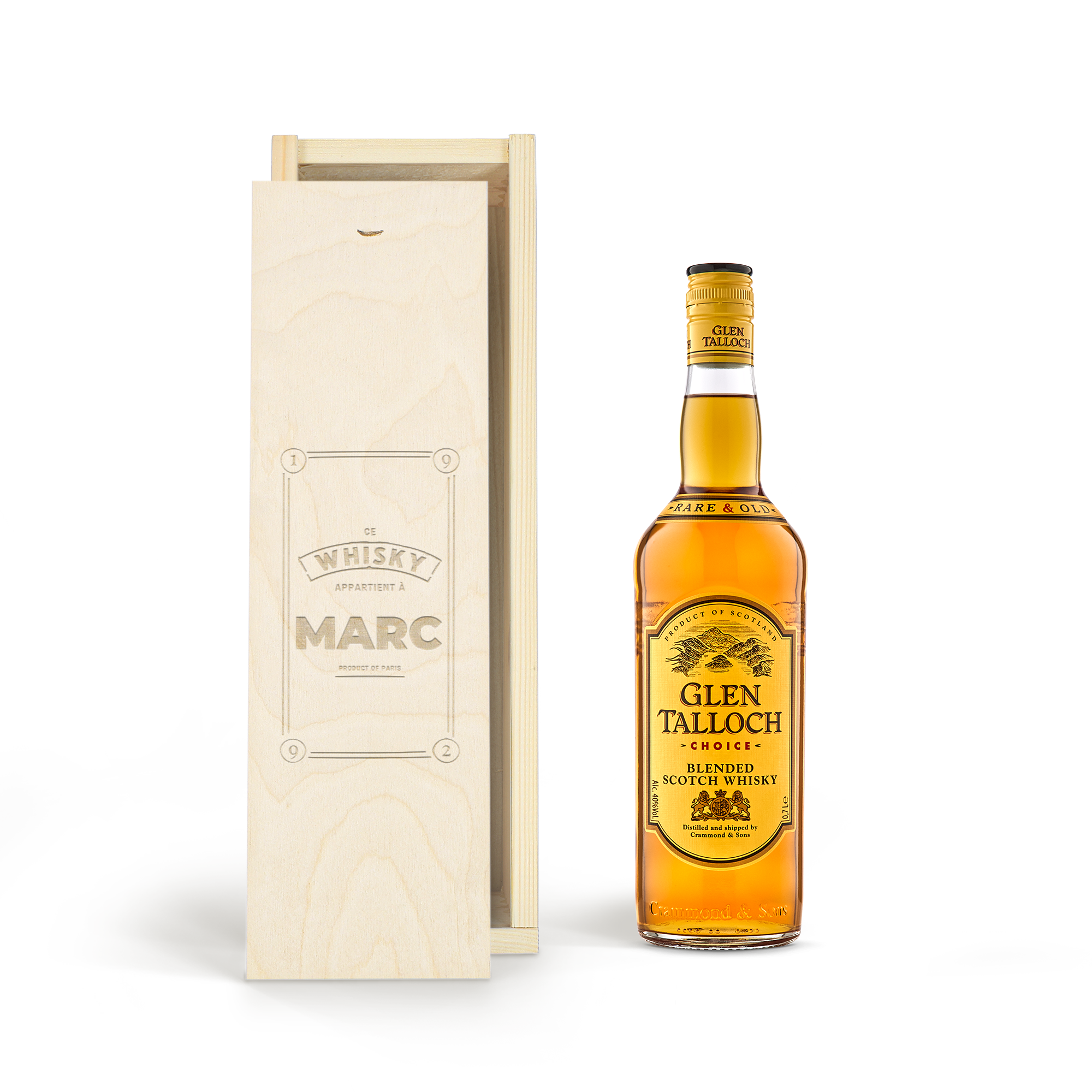 Bouteille de whisky Glen Talloch et coffret en bois gravé avec le prénom Marc