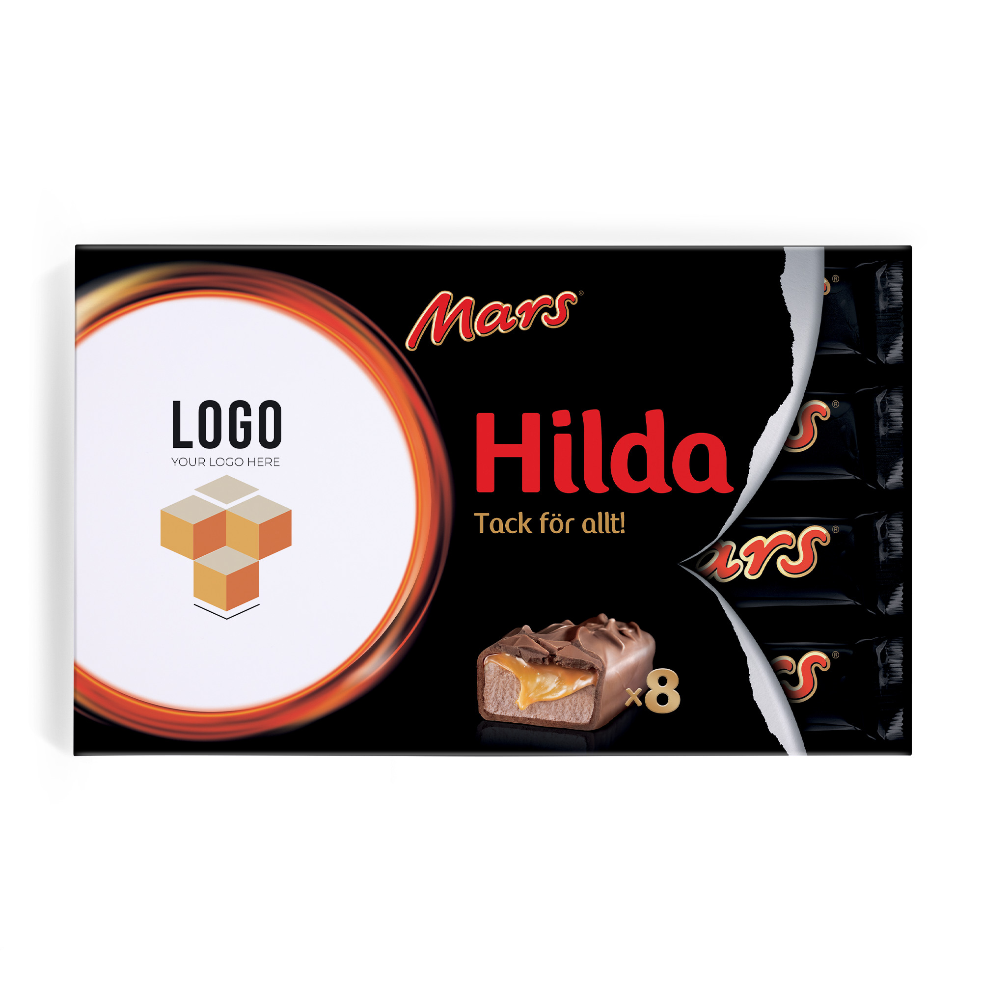 Mars personliga presentboxar i svart design tryckt med namn Hilda och valfritt foto