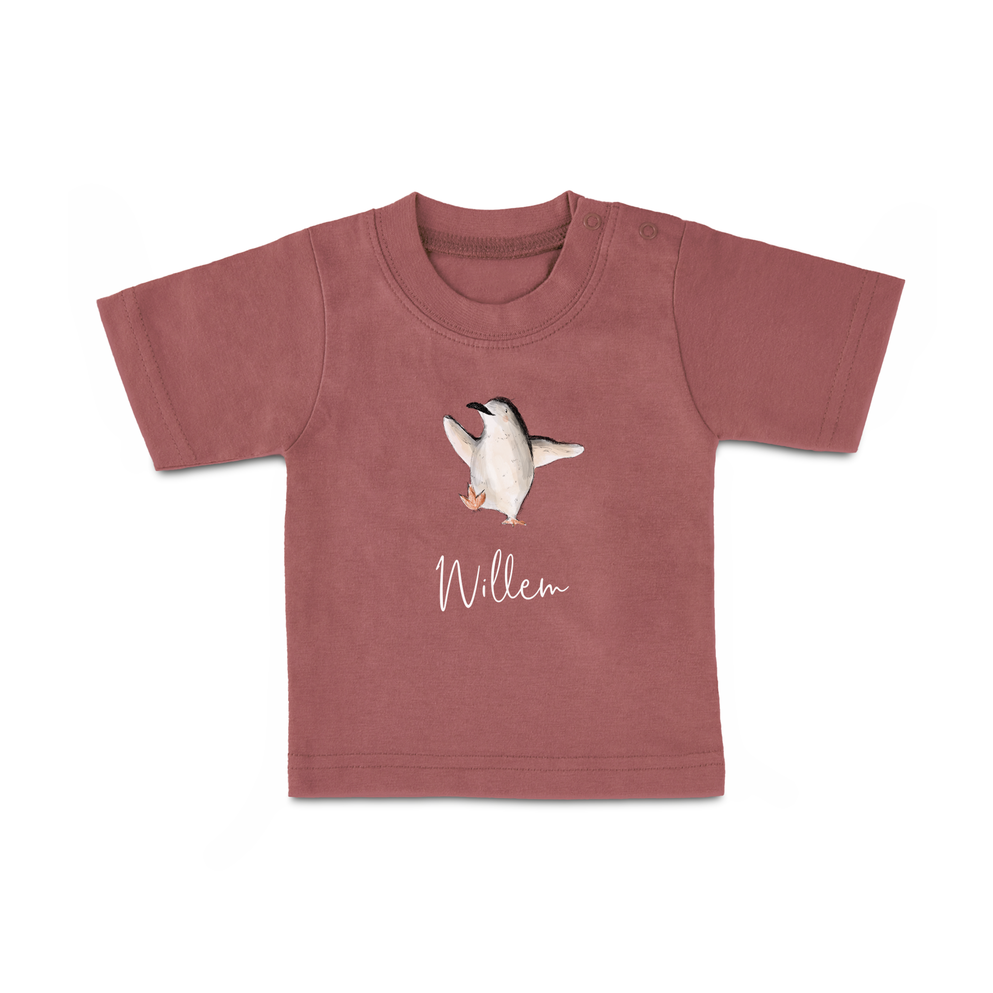 T-shirt bébé brique personnalisé avec un pingouin et le nom Willem imprimé