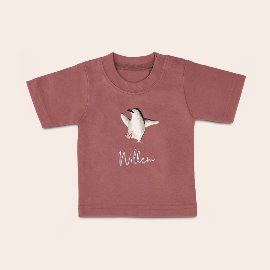 T shirt bébé personnalisé T-shirt bébé brique personnalisé avec un pingouin et le nom Willem imprimé