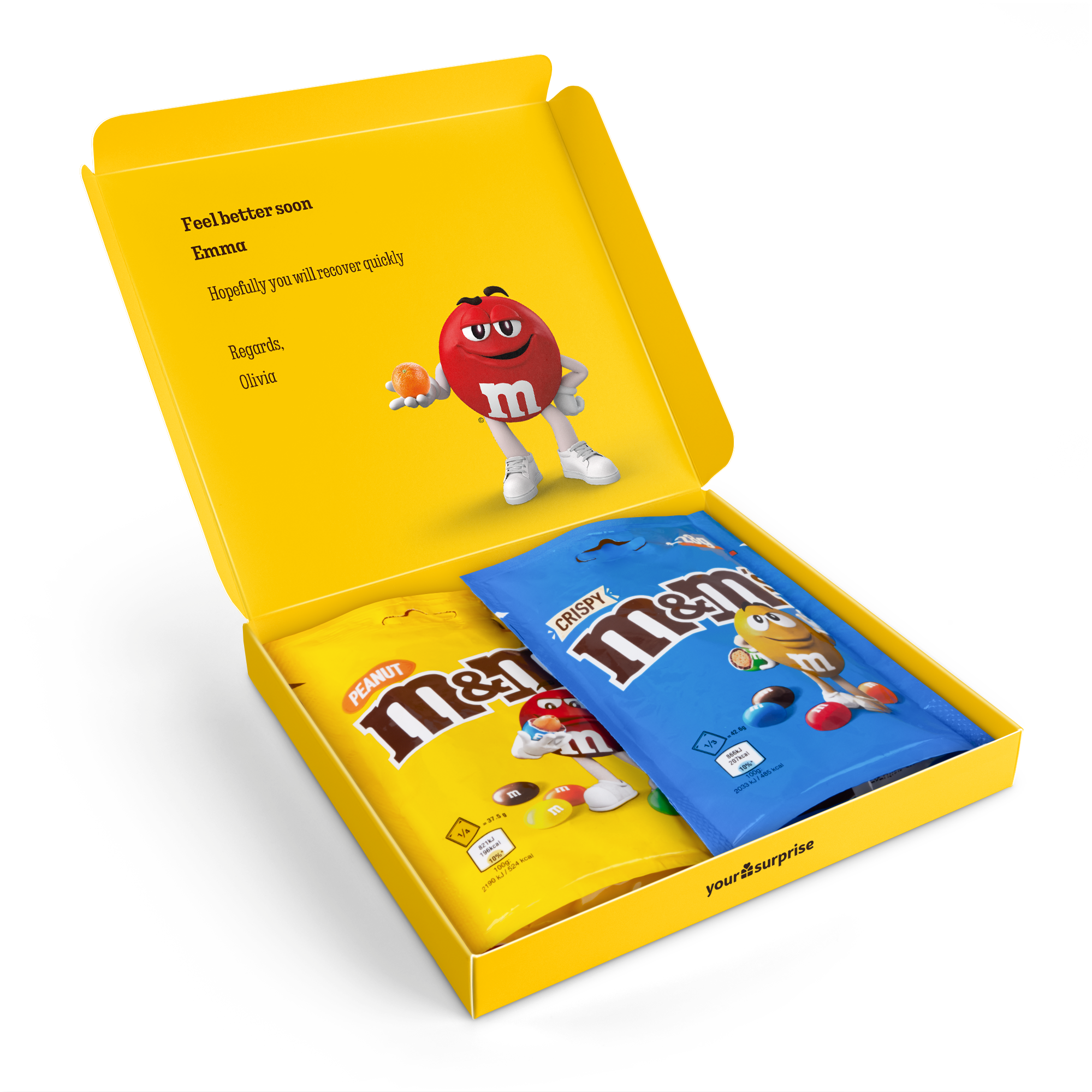 Gul M&M's gaveæske trykt med hilsen til Emma, indeholdende en pakke M&M's Peanut og en pakke M&M's Crispy